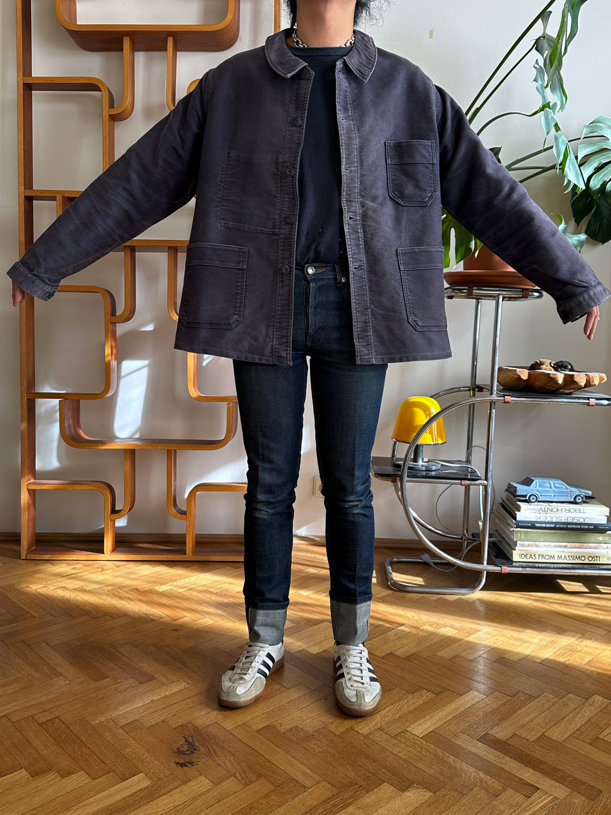 1960s Le Mont St Michel Black moleskin jacket モンサンミッシェル 60年代 ブラック  モールスキン 黒 フレンチワーク Made in Franca French work wear Toto Praha Vintage clothing shop Antique shop 古着屋 プラハ Showroom appointment Prague ユーロ古着 ヨーロッパ古着 古着卸 ヴィンテージ 