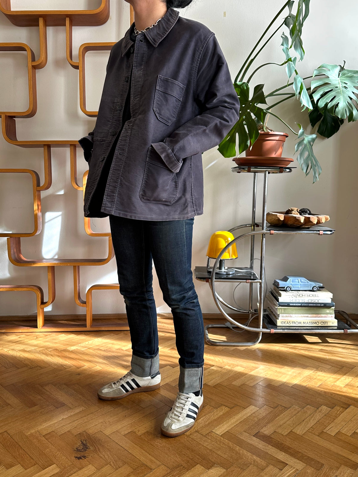 1960s Le Mont St Michel Black moleskin jacket モンサンミッシェル 60年代 ブラック  モールスキン 黒 フレンチワーク Made in Franca French work wear Toto Praha Vintage clothing shop Antique shop 古着屋 プラハ Showroom appointment Prague ユーロ古着 ヨーロッパ古着 古着卸 ヴィンテージ 