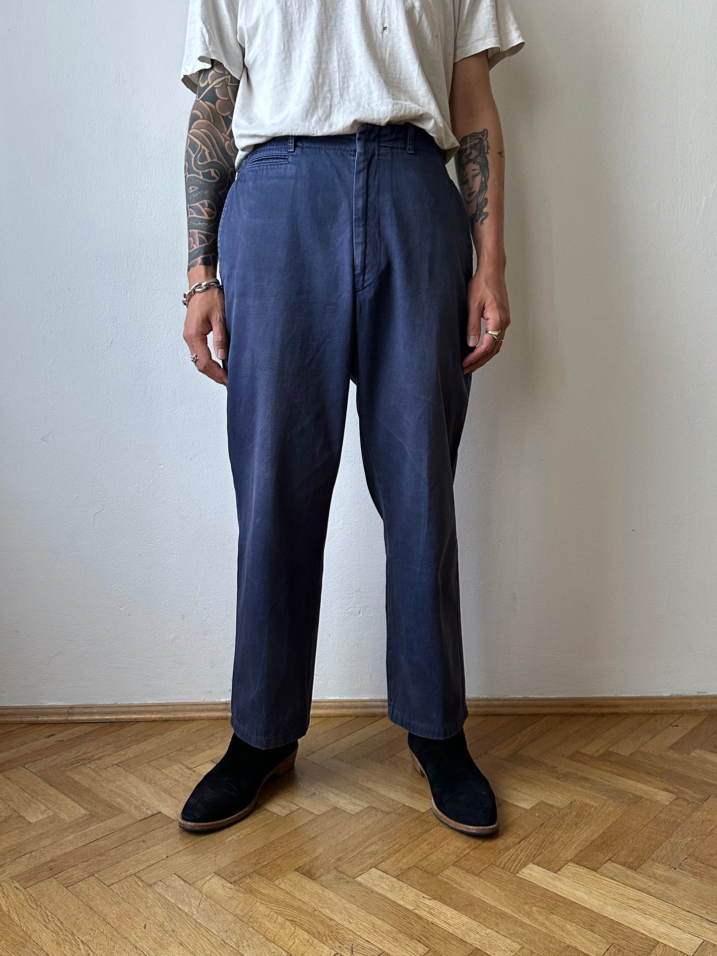 1980s Stone Island navy chinos 80年代 Massimo osti マッシモマッシモオスティ Made in Italy イタリア製 ストーンアイランド 紺色 チノパン Toto Praha Vintage clothing shop Antique shop 古着屋 プラハ Showroom appointment Prague ユーロ古着 ヨーロッパ古着 古着卸 ヴィンテージ