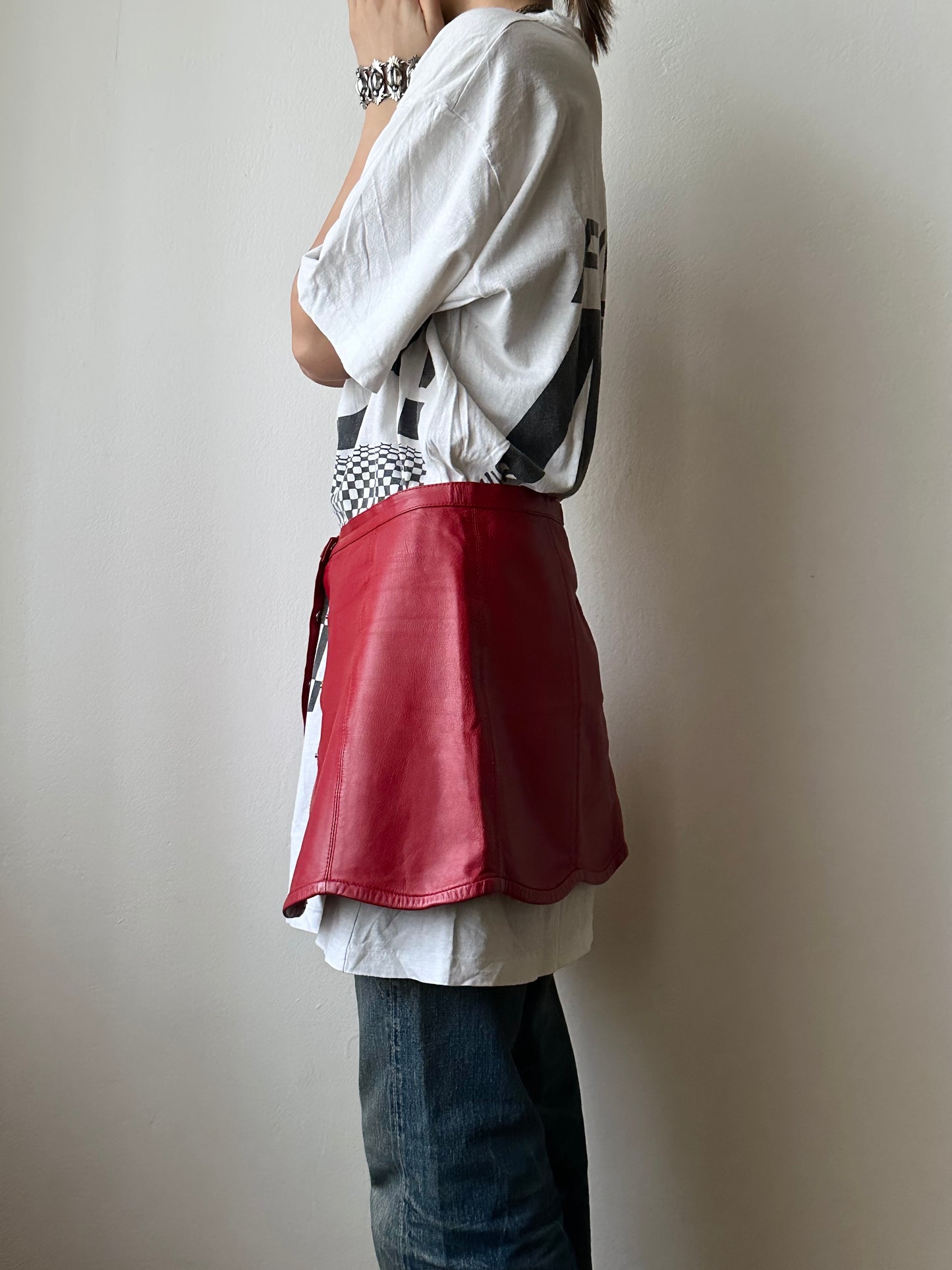Red leather wrap skirt