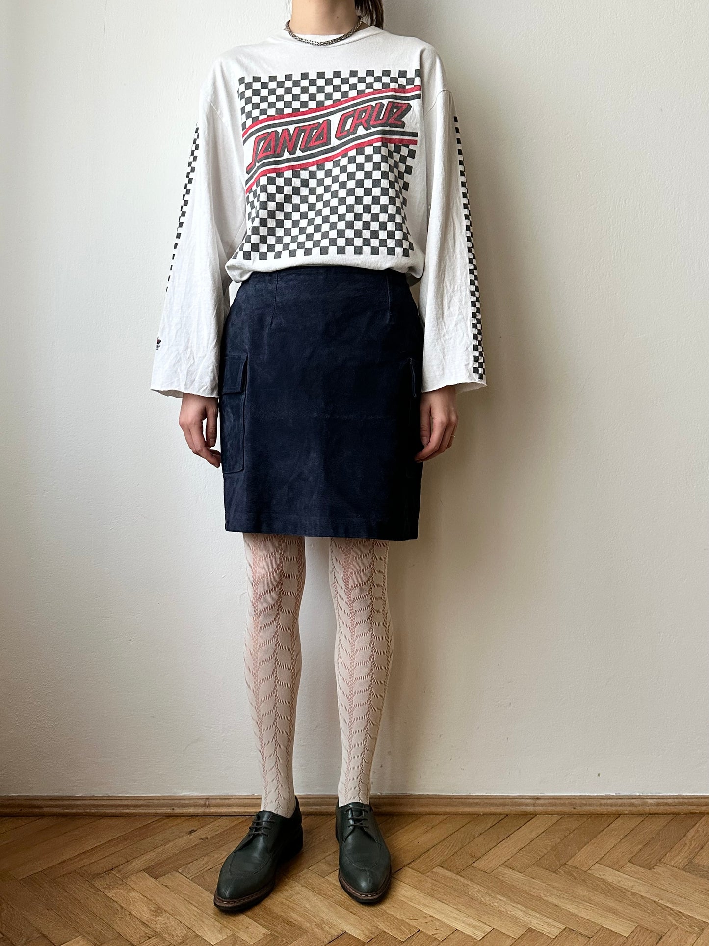 Navy suede mini cargo skirt