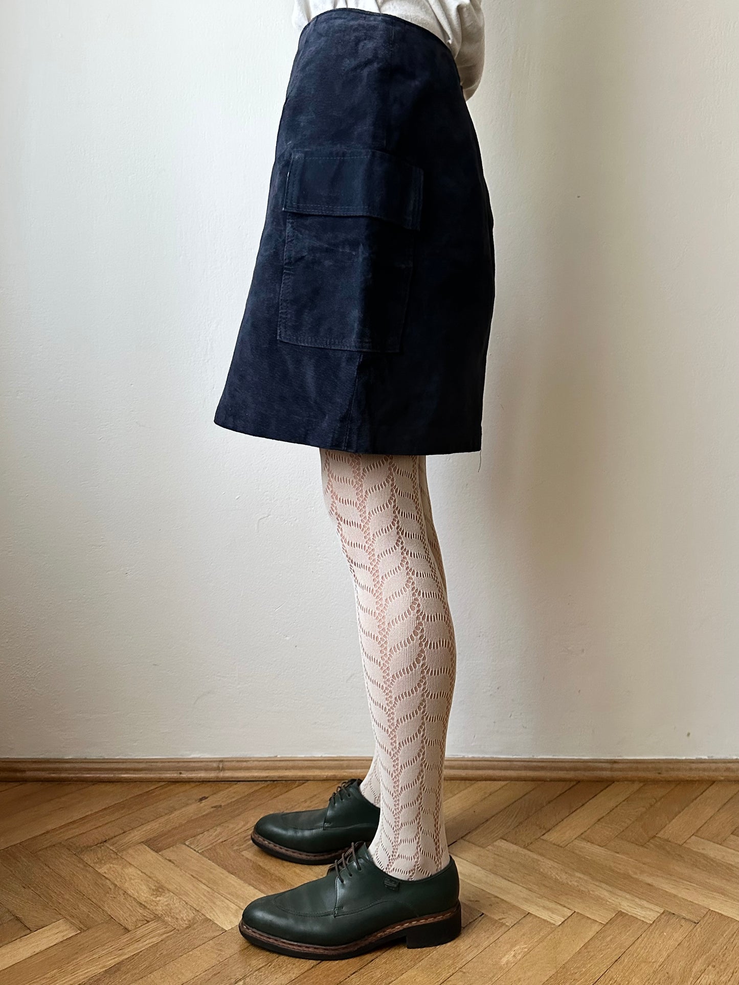 Navy suede mini cargo skirt
