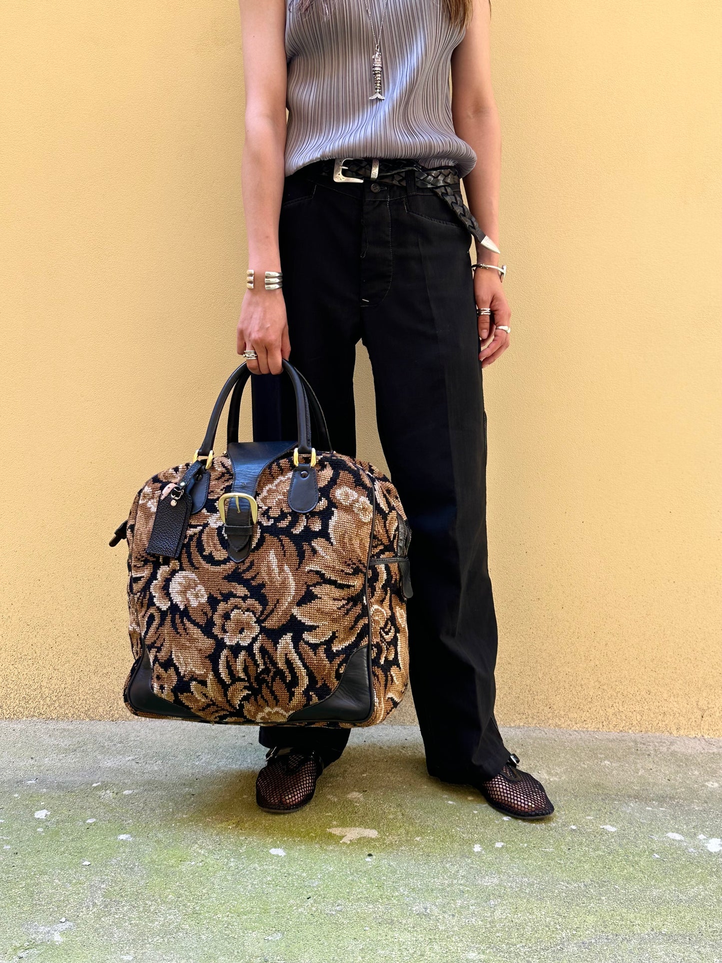 70s Italy Gobelin leather travel bag