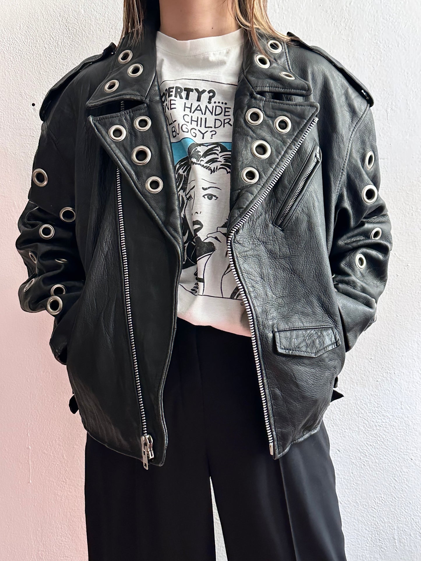 90s leather punched bikers jacket