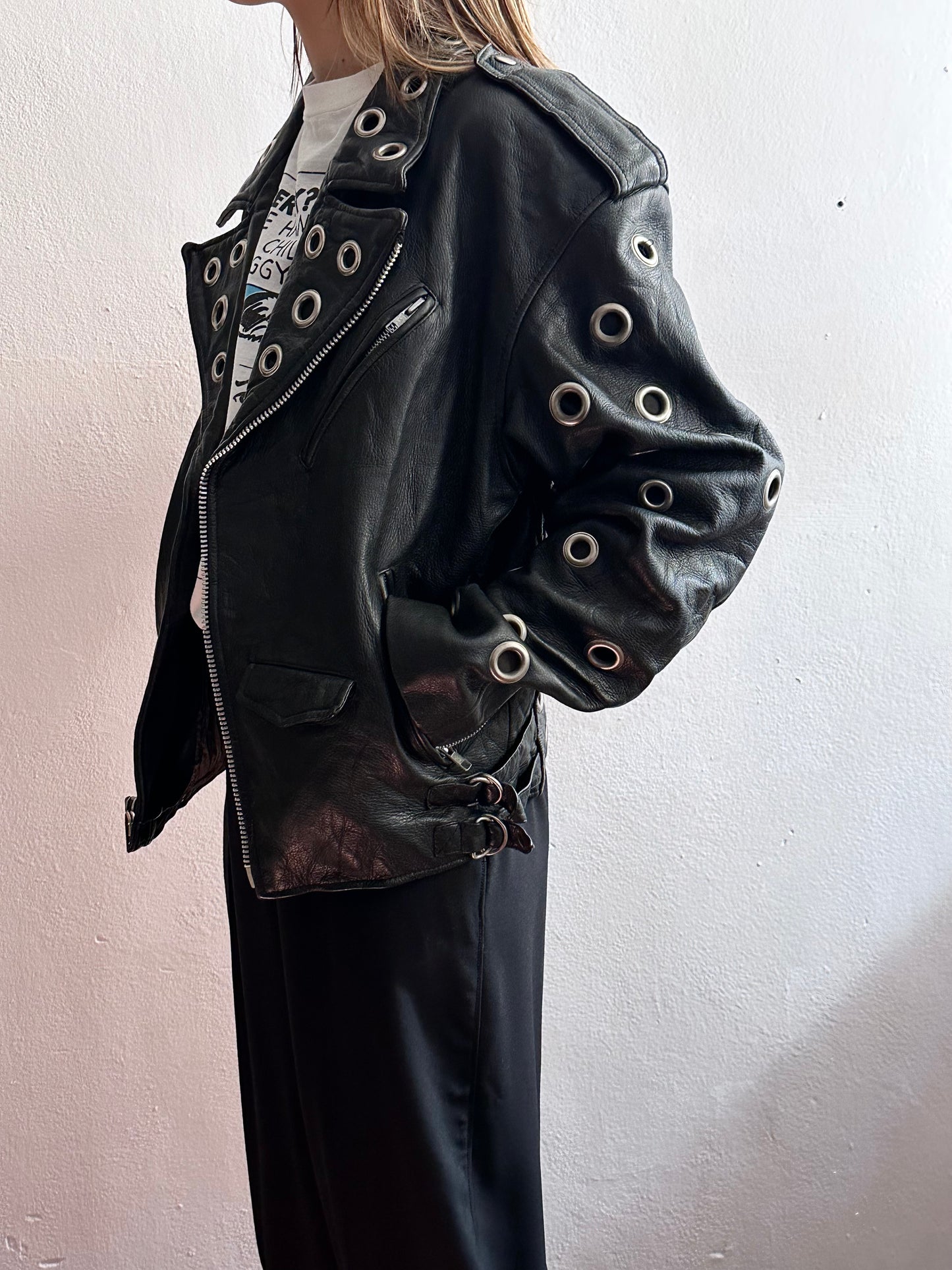 90s leather punched bikers jacket