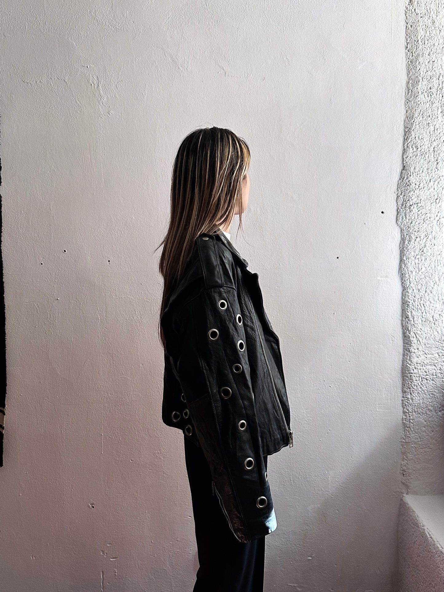 90s leather punched bikers jacket
