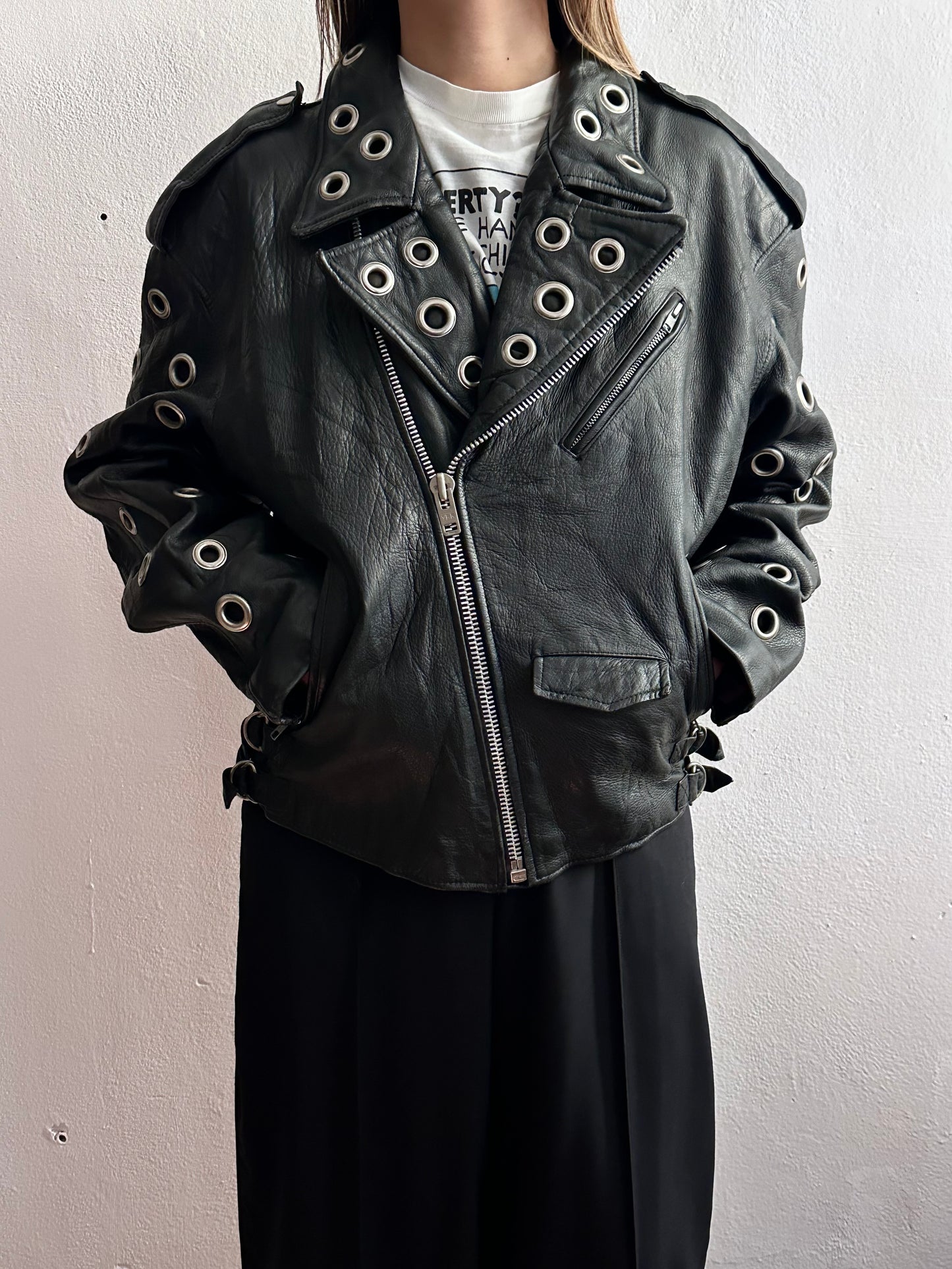 90s leather punched bikers jacket
