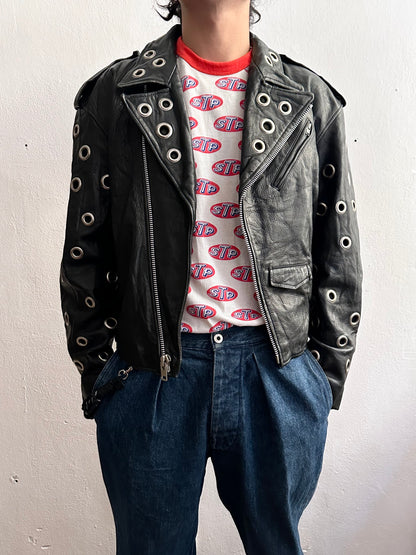 90s leather punched bikers jacket