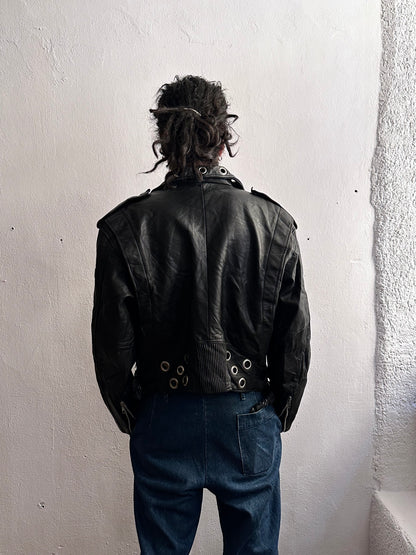 90s leather punched bikers jacket