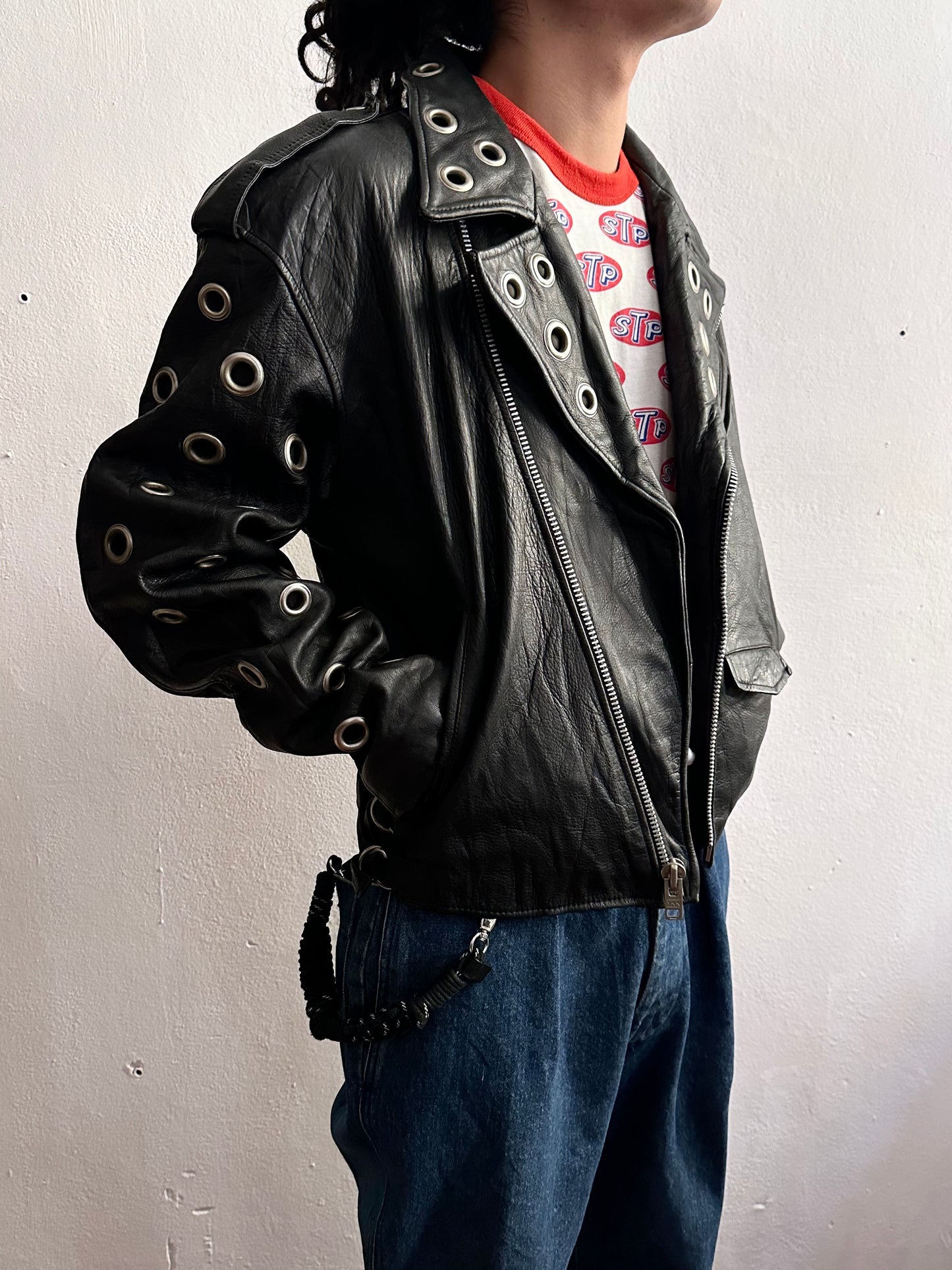 90s leather punched bikers jacket