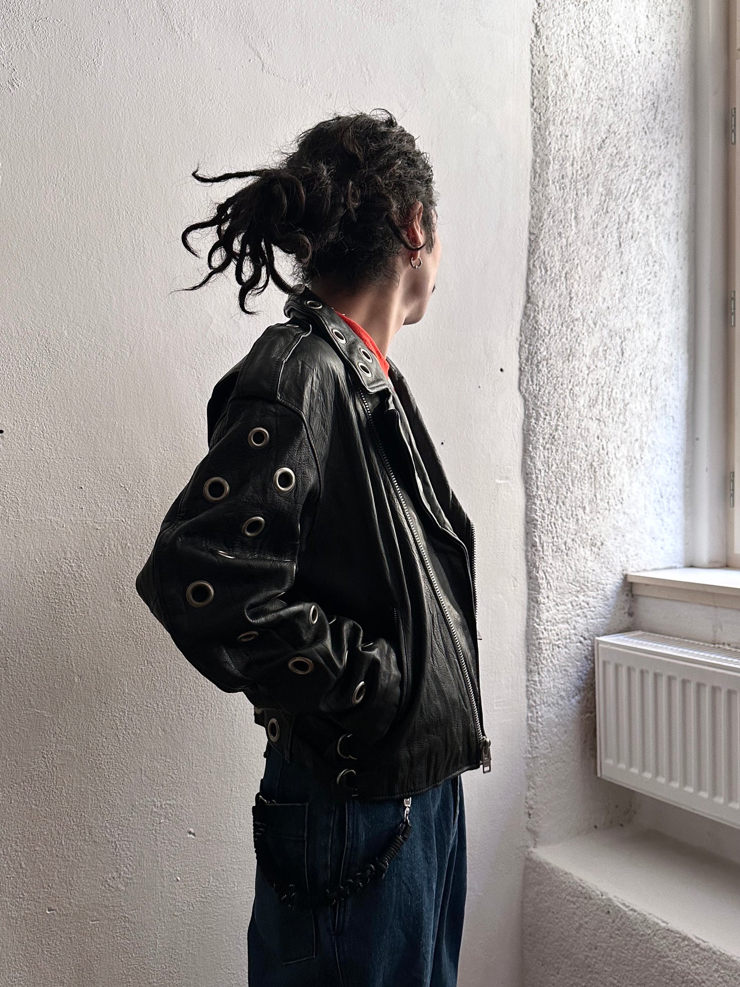 90s leather punched bikers jacket