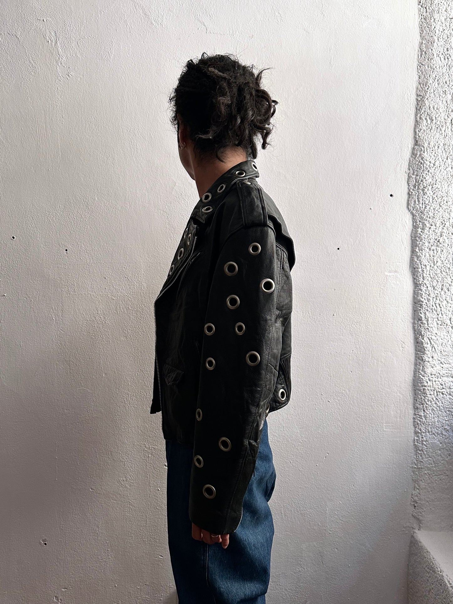 90s leather punched bikers jacket