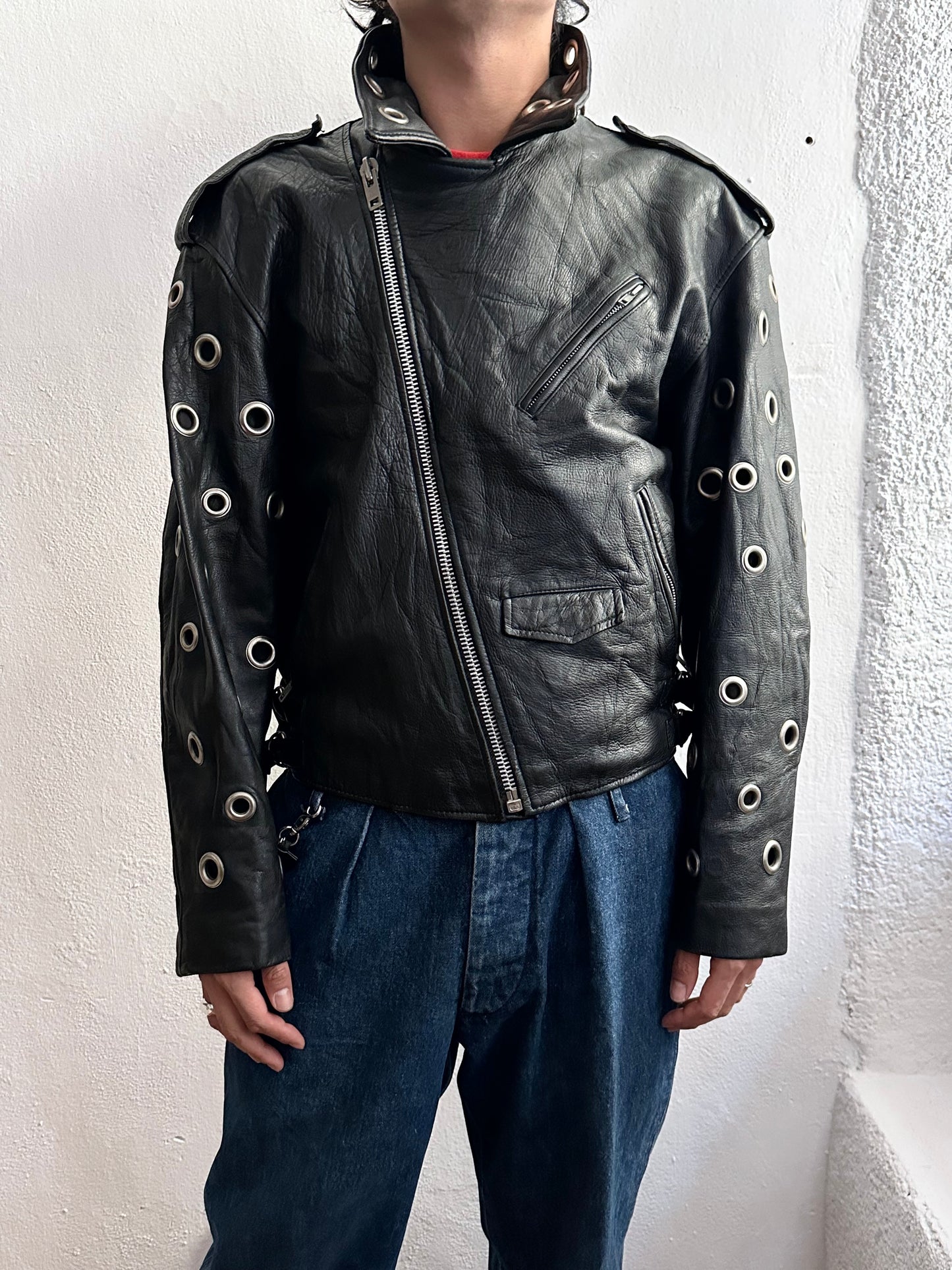 90s leather punched bikers jacket