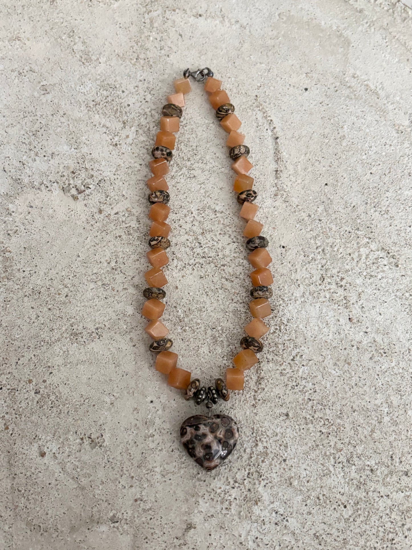 leopard skin jasper x orange aventurine heart necklace