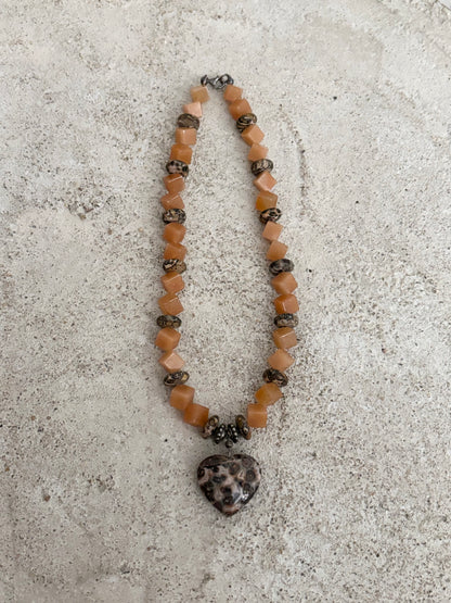 leopard skin jasper x orange aventurine heart necklace