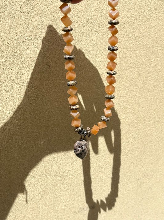 leopard skin jasper x orange aventurine heart necklace