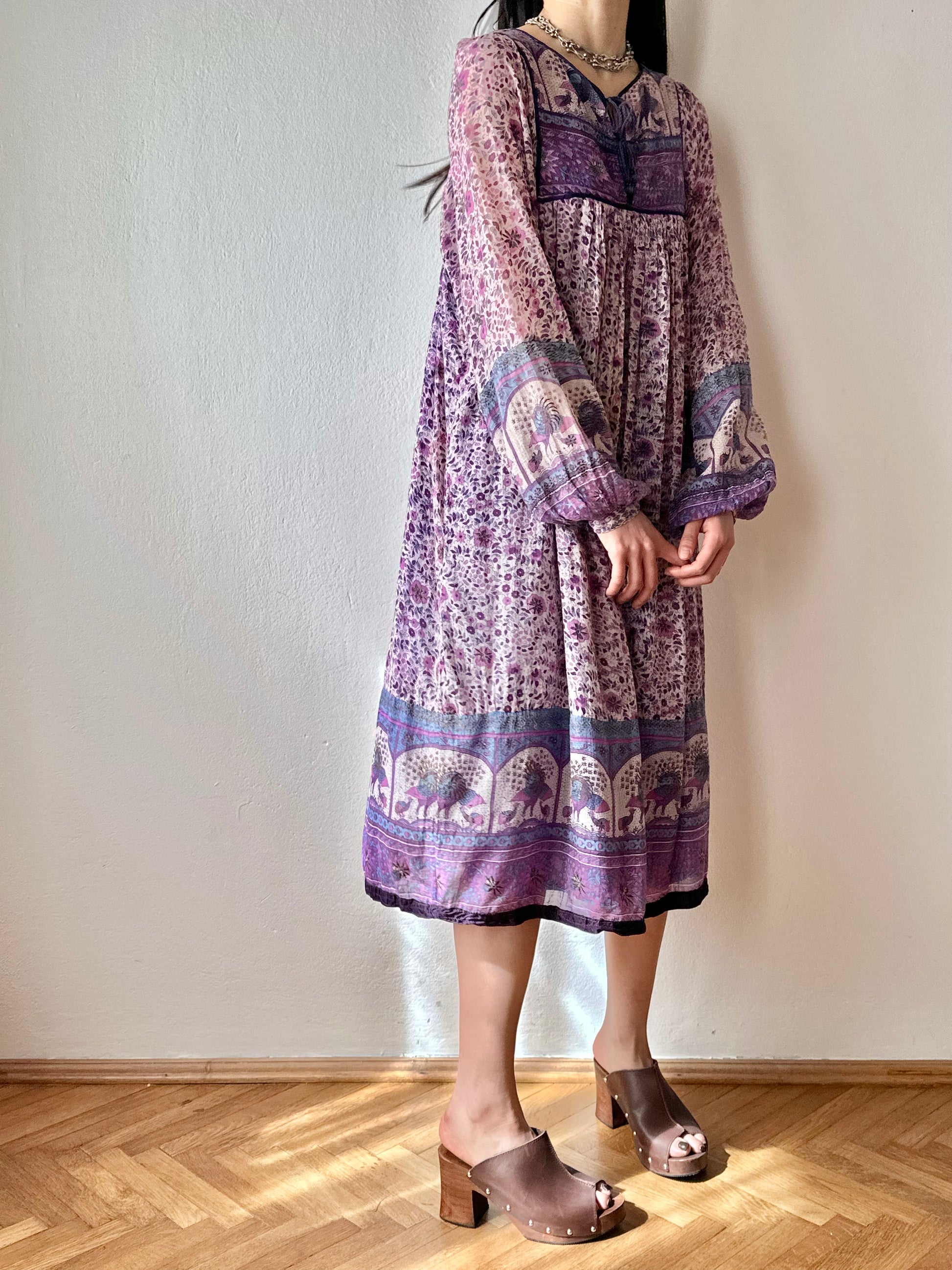 indian cotton bohemian dress gauze インド綿 ドレス インディアンコットン コットン ボヘミアン 花柄 70s 70's 1970s 1970's