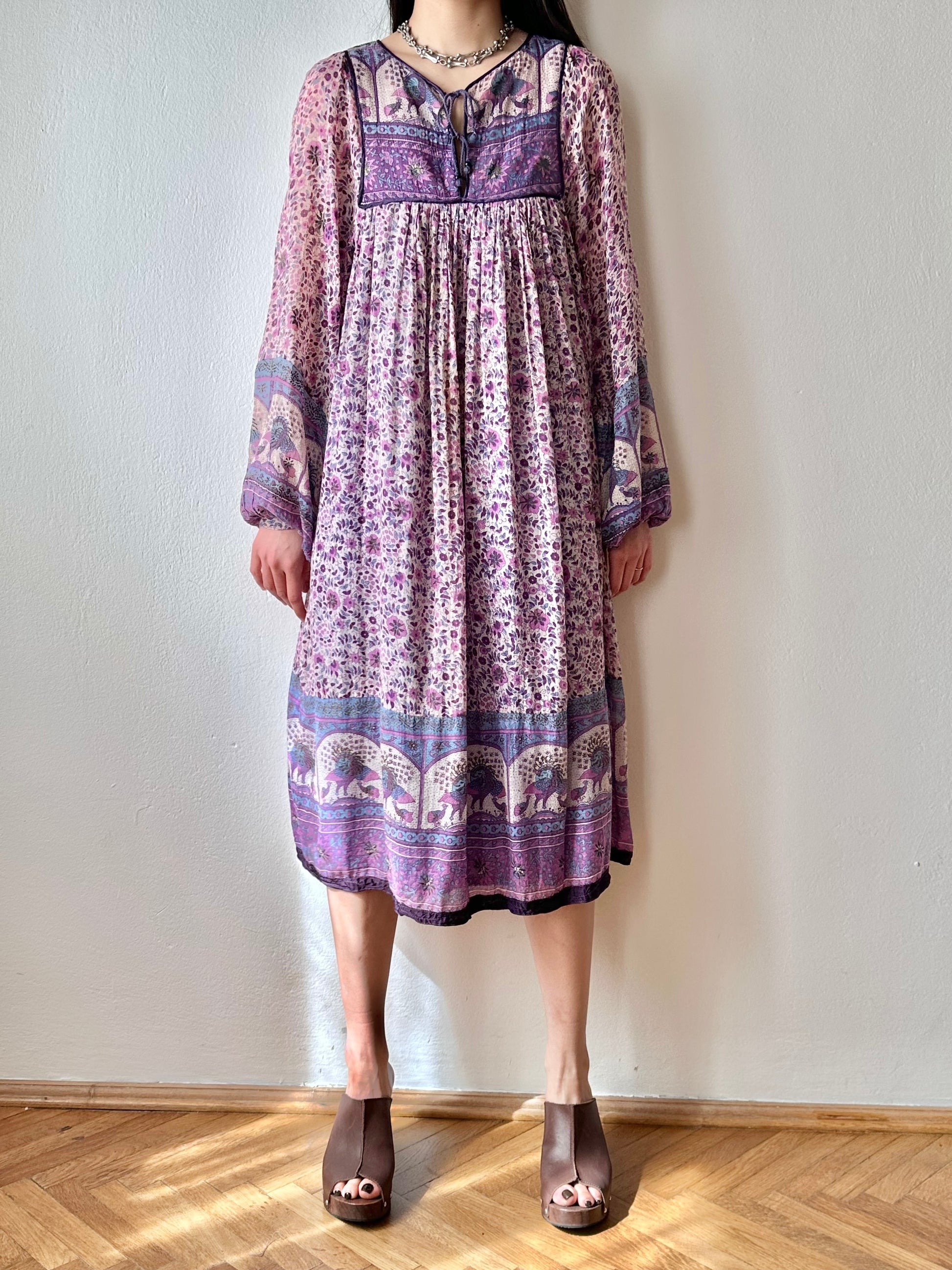 indian cotton bohemian dress gauze インド綿 ドレス インディアンコットン コットン ボヘミアン 花柄 70s 70's 1970s 1970's purple pink パープル