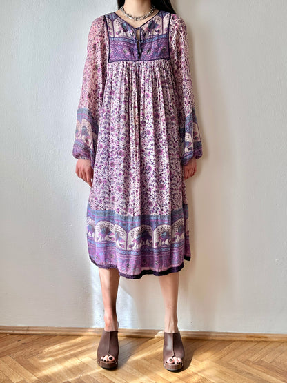 indian cotton bohemian dress gauze インド綿 ドレス インディアンコットン コットン ボヘミアン 花柄 70s 70's 1970s 1970's purple pink パープル