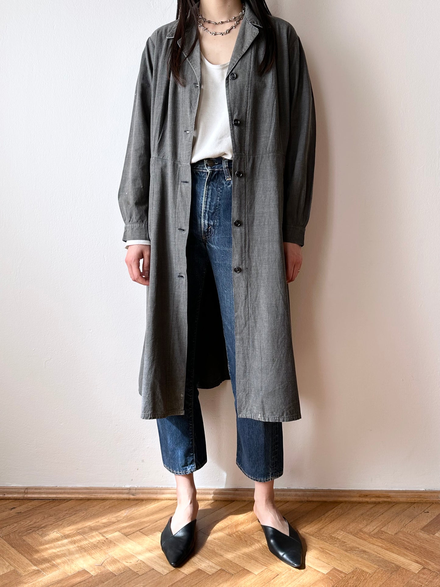 French vintage black chambray shirt dress