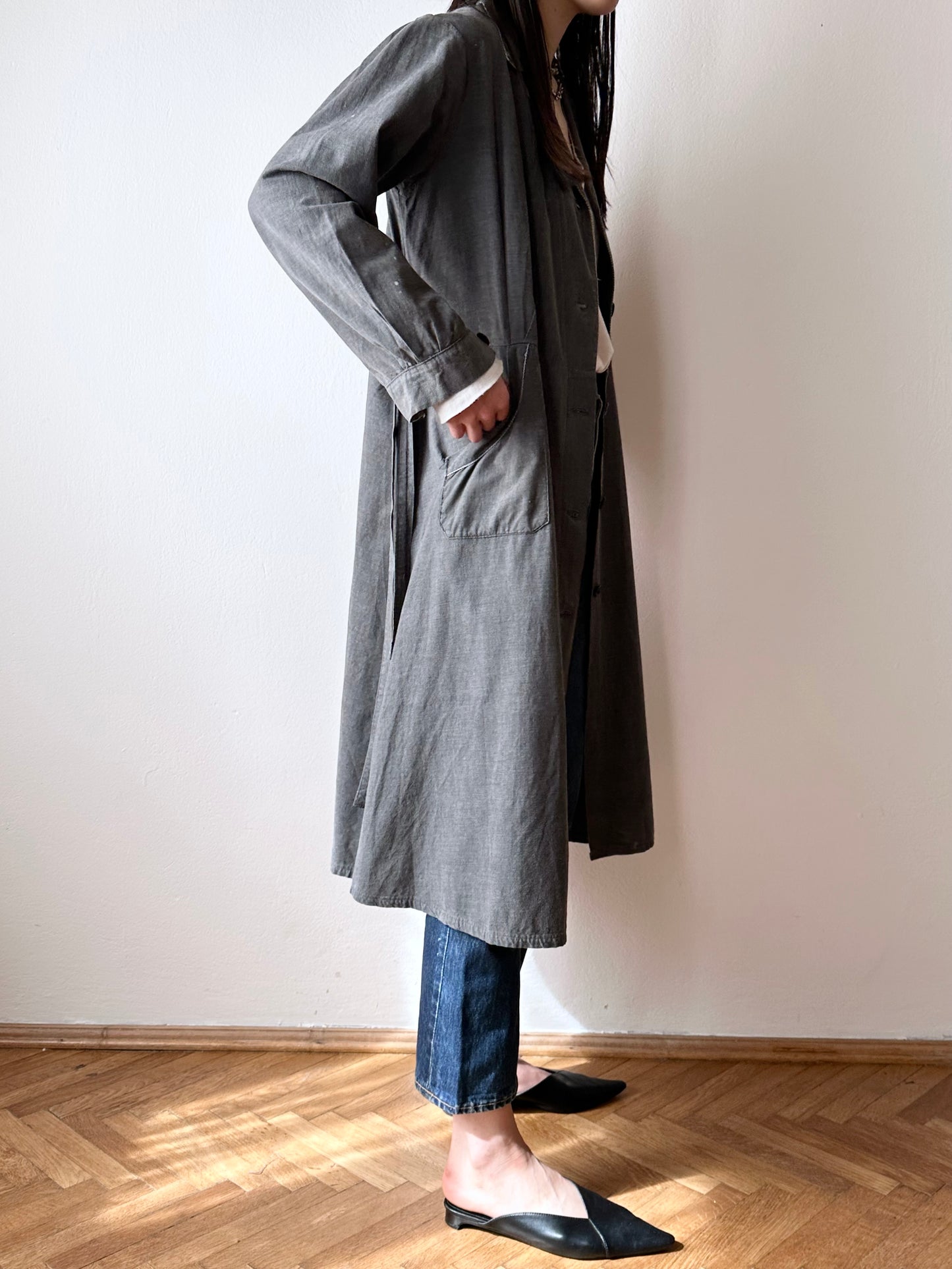 French vintage black chambray shirt dress