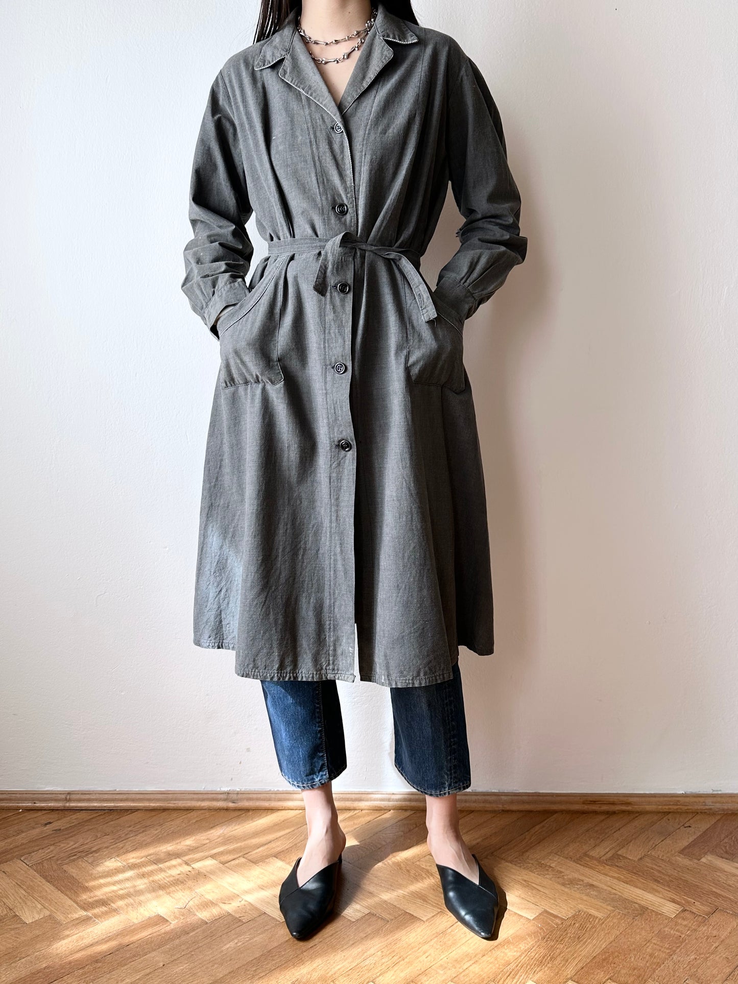French vintage black chambray shirt dress