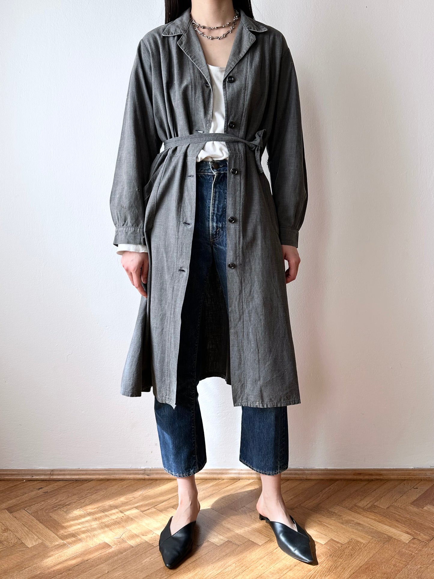 French vintage black chambray shirt dress