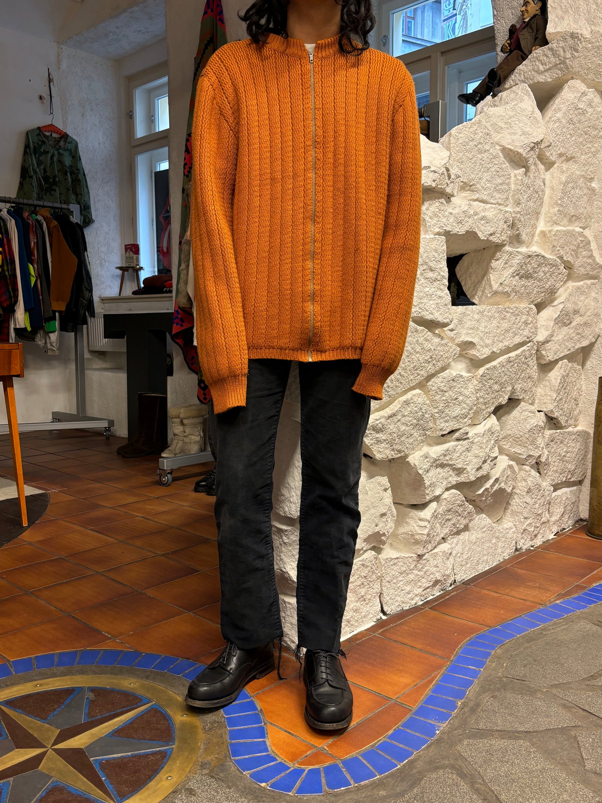 60's 70's 60年代 70年代 Handmade Wool Knit Zipup Jacket Toto Praha Prague プラハ 古着屋 古着 Vintage store Vintage clothing ユーロ古着 ヨーロッパ古着 ハンドメイド ニットジャケット オレンジ ヴィンテージ 