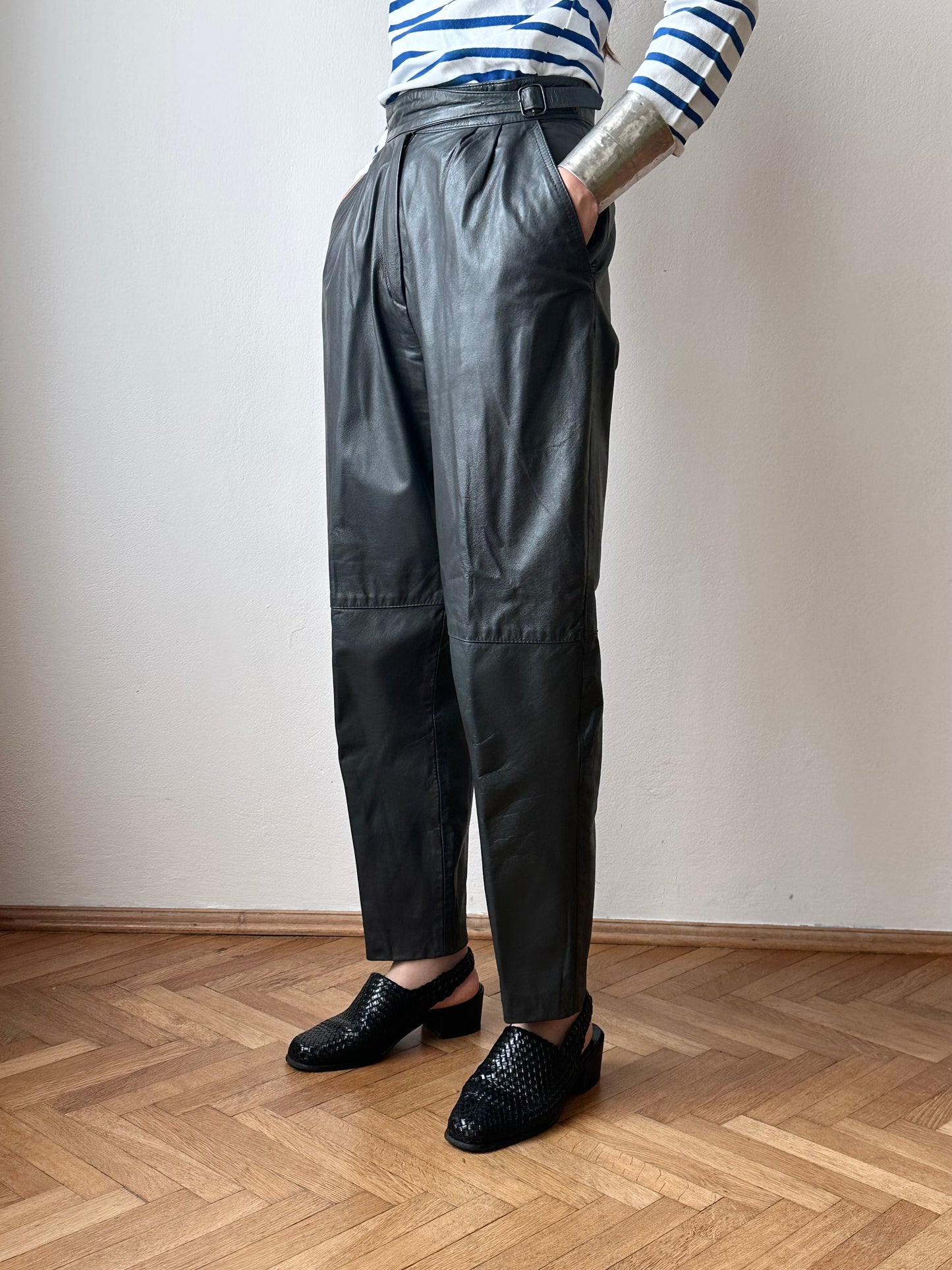 Grey leather trousers