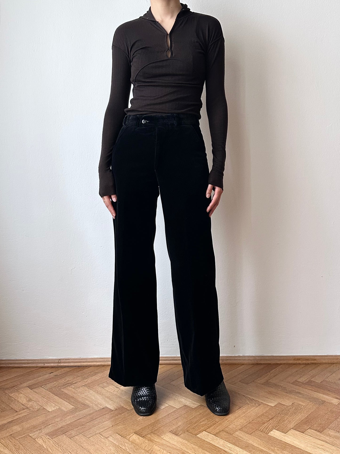 70s Black velvet trousers - w28