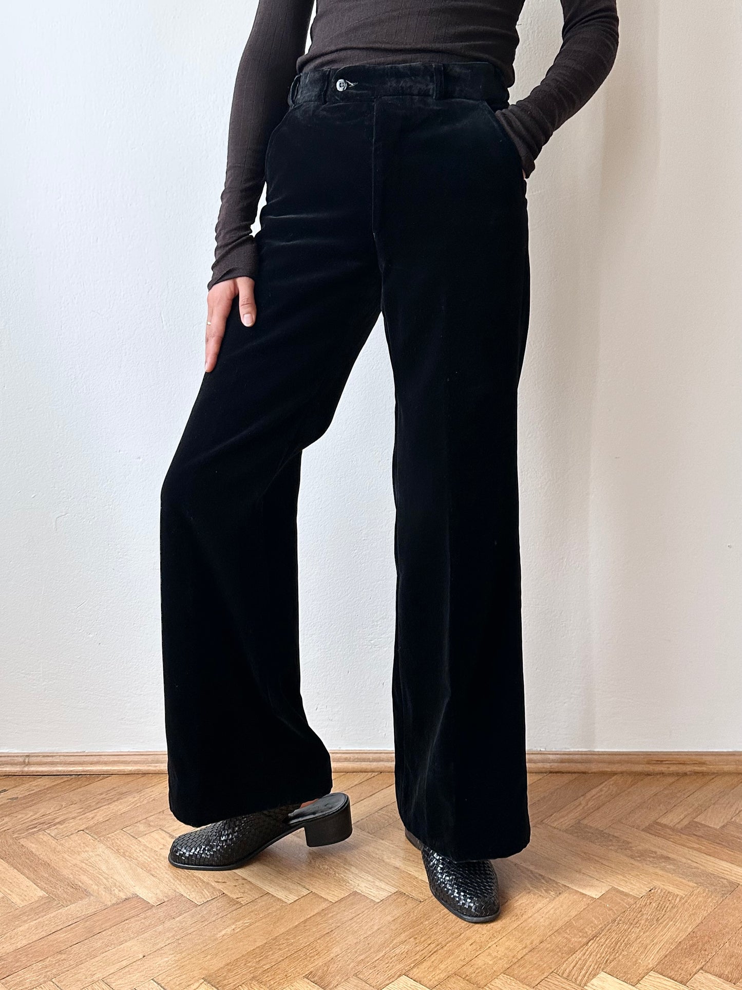 70s Black velvet trousers - w28