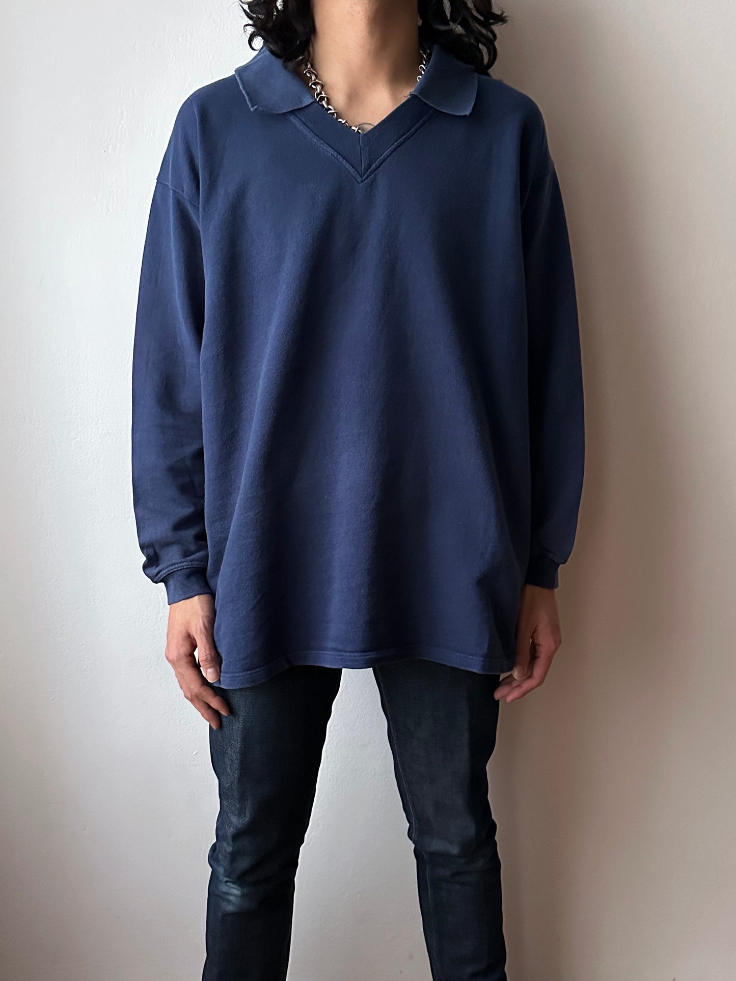 Navy sweat polo - L