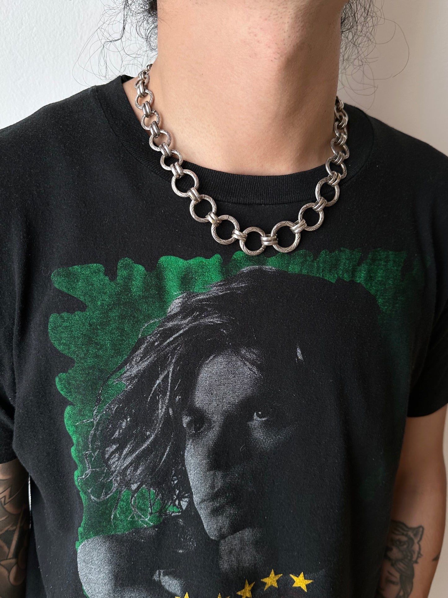 French metal hand graved chain necklace