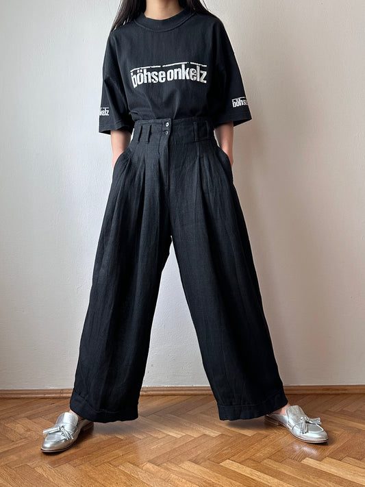 vintage black linen pants trousers wide pants ワイドパンツ ヴィンテージ リネン  黒 ユーロ古着 ヨーロッパ古着