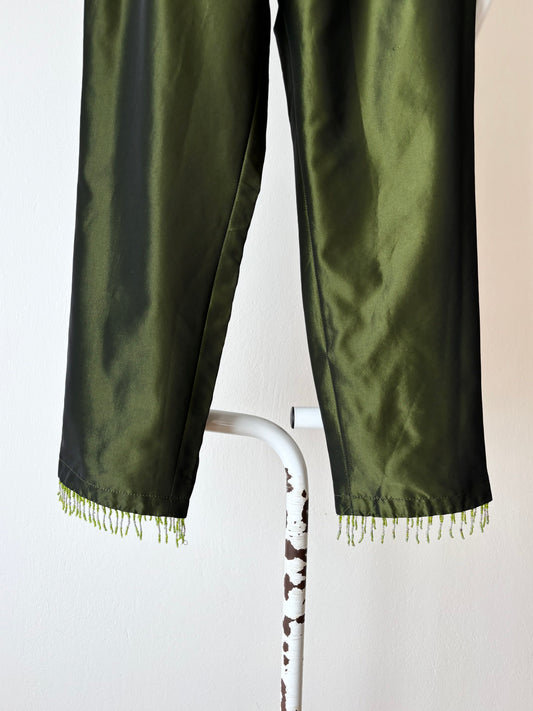 90s dark moss green with beads hem