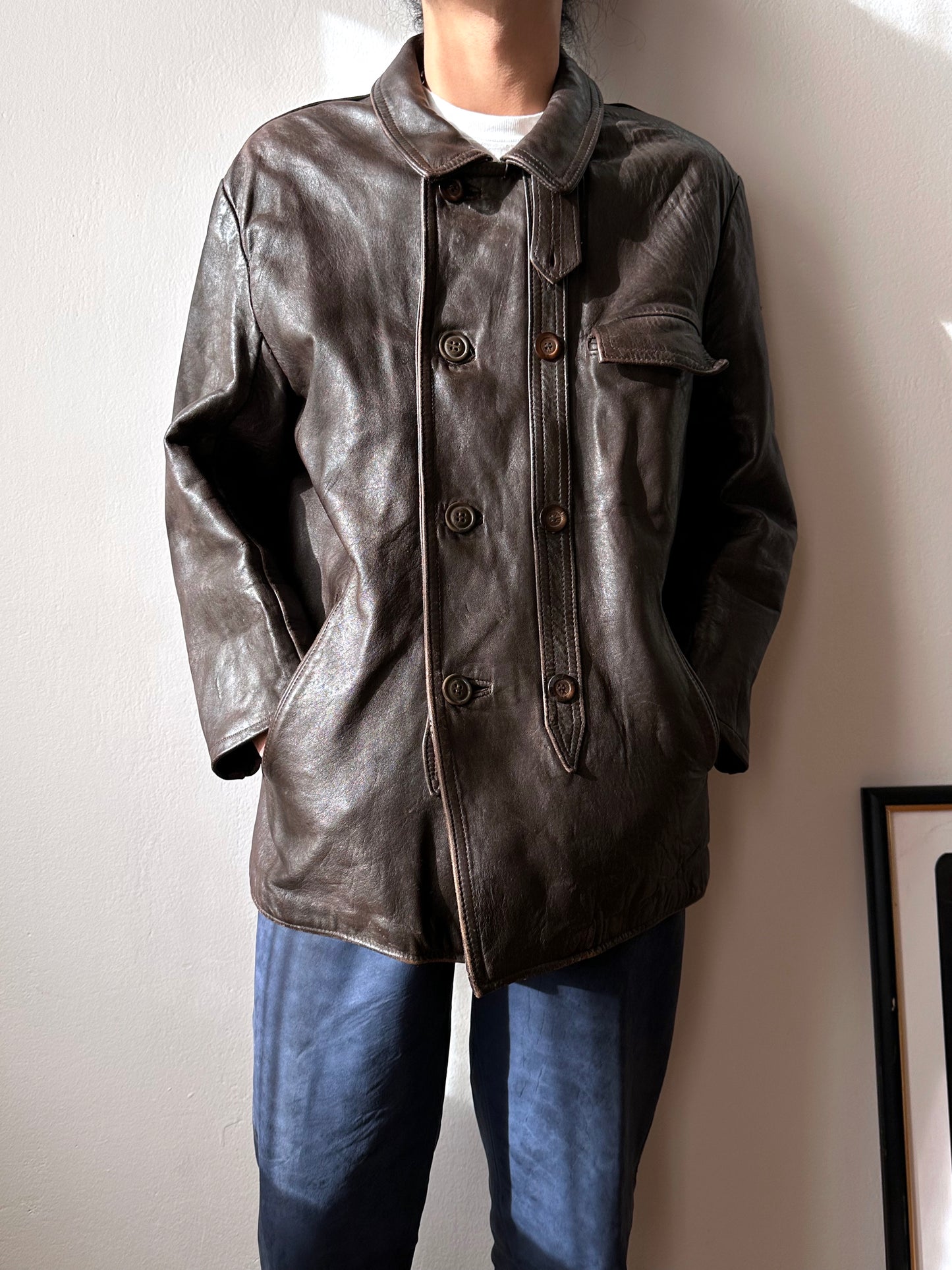 60's Le Corbusier French Leather work jacket  double breasted  ダブル レザー Vintage ヴィンテージ Toto Vintage clothing store Praha Prague Antique shop アンティークショップ 古着屋 プラハ フレンチ ワークジャケット ユーロワーク 