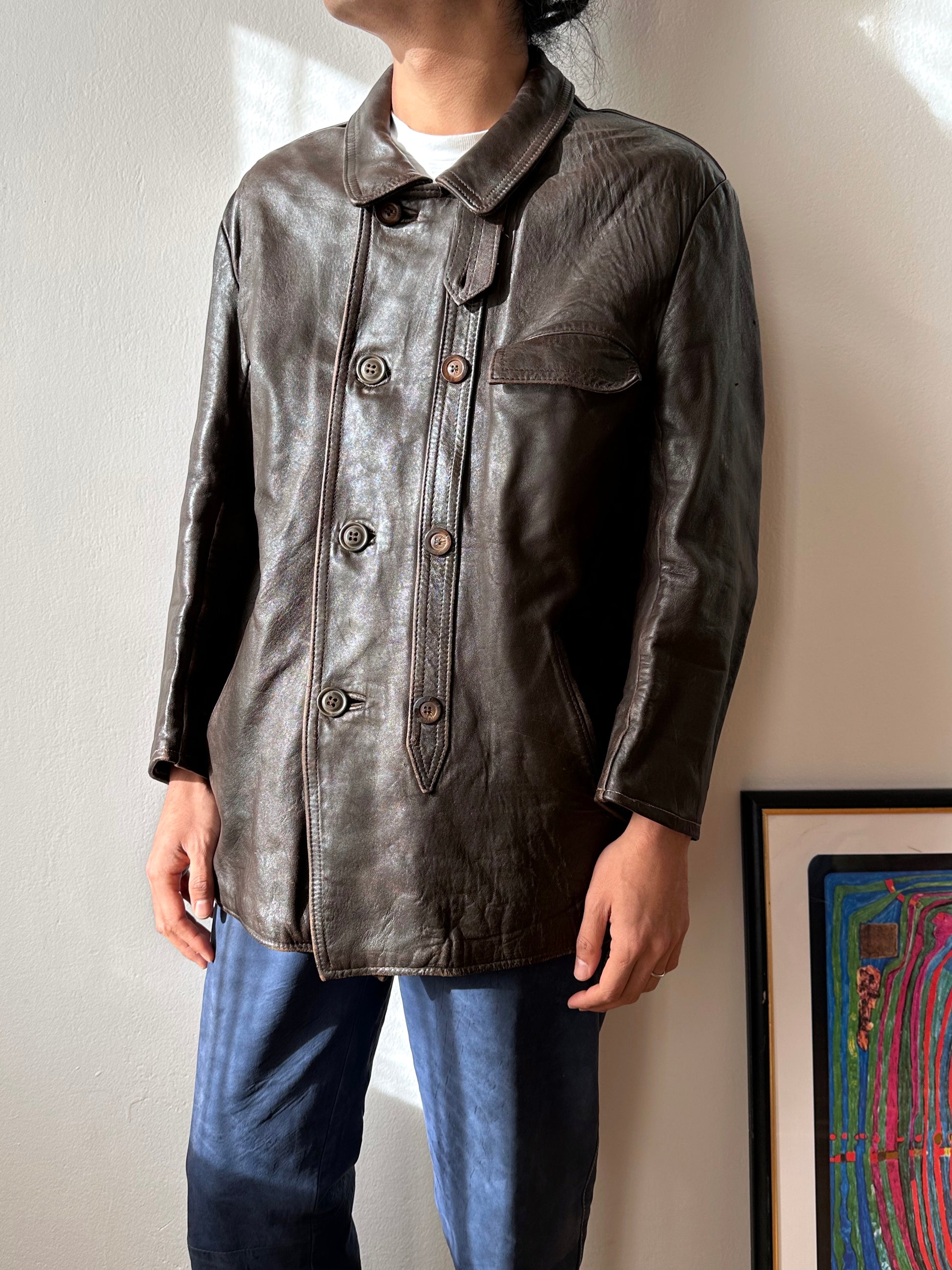 60's Le Corbusier French Leather work jacket  double breasted  ダブル レザー Vintage ヴィンテージ Toto Vintage clothing store Praha Prague Antique shop アンティークショップ 古着屋 プラハ フレンチ ワークジャケット ユーロワーク 
