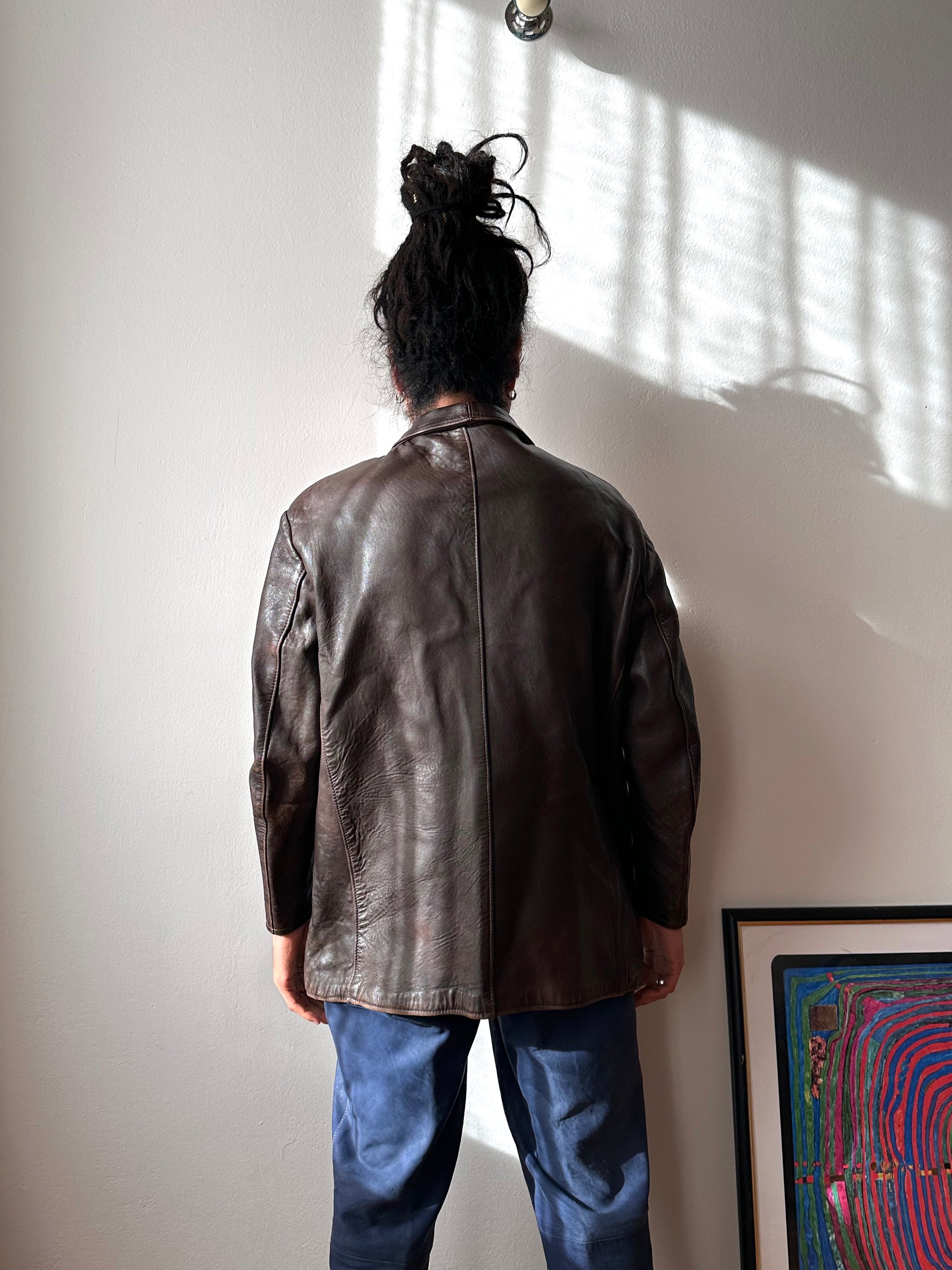 60's Le Corbusier French Leather work jacket  double breasted  ダブル レザー Vintage ヴィンテージ Toto Vintage clothing store Praha Prague Antique shop アンティークショップ 古着屋 プラハ フレンチ ワークジャケット ユーロワーク 