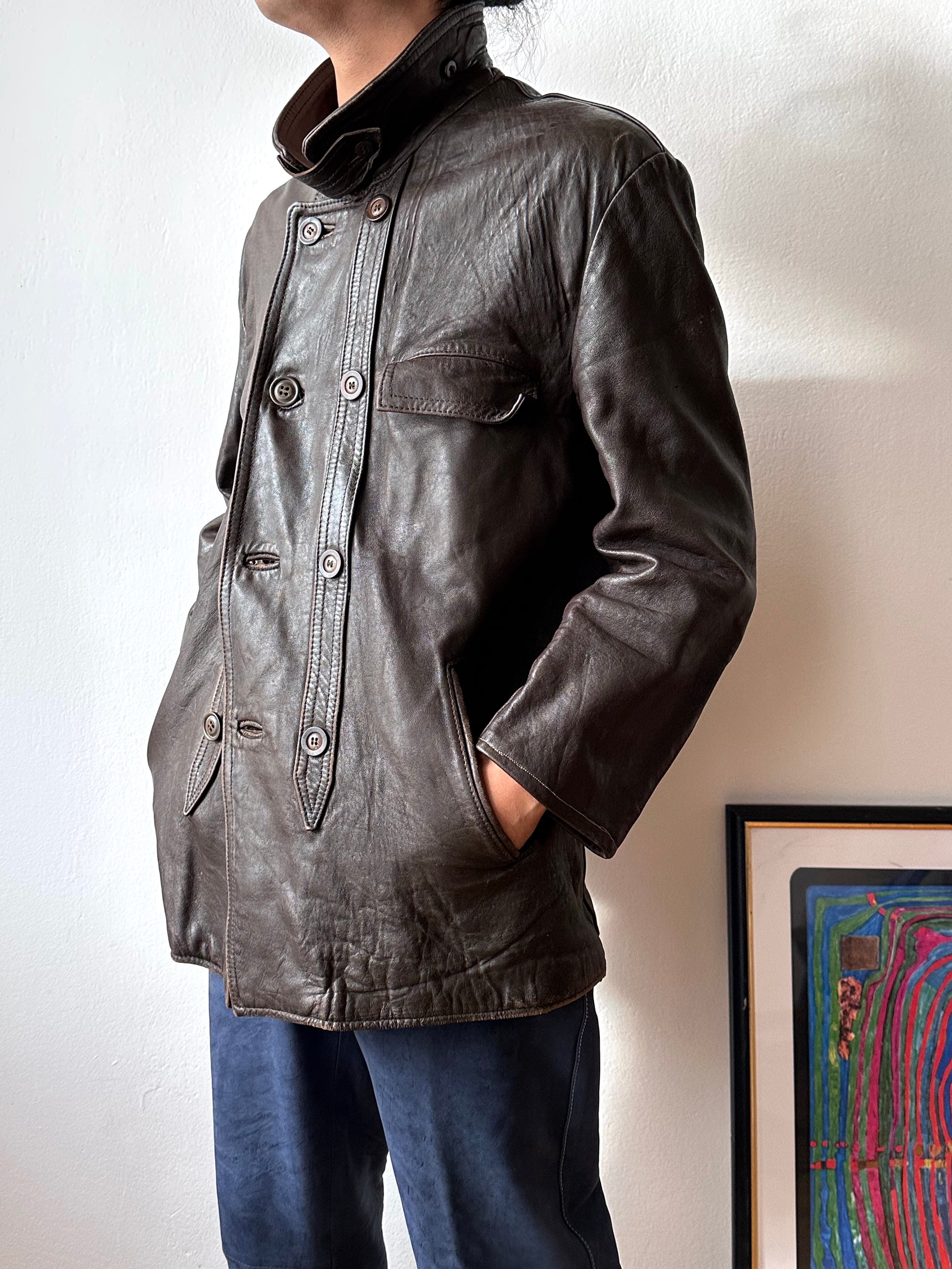 60's Le Corbusier French Leather work jacket  double breasted  ダブル レザー Vintage ヴィンテージ Toto Vintage clothing store Praha Prague Antique shop アンティークショップ 古着屋 プラハ フレンチ ワークジャケット ユーロワーク 