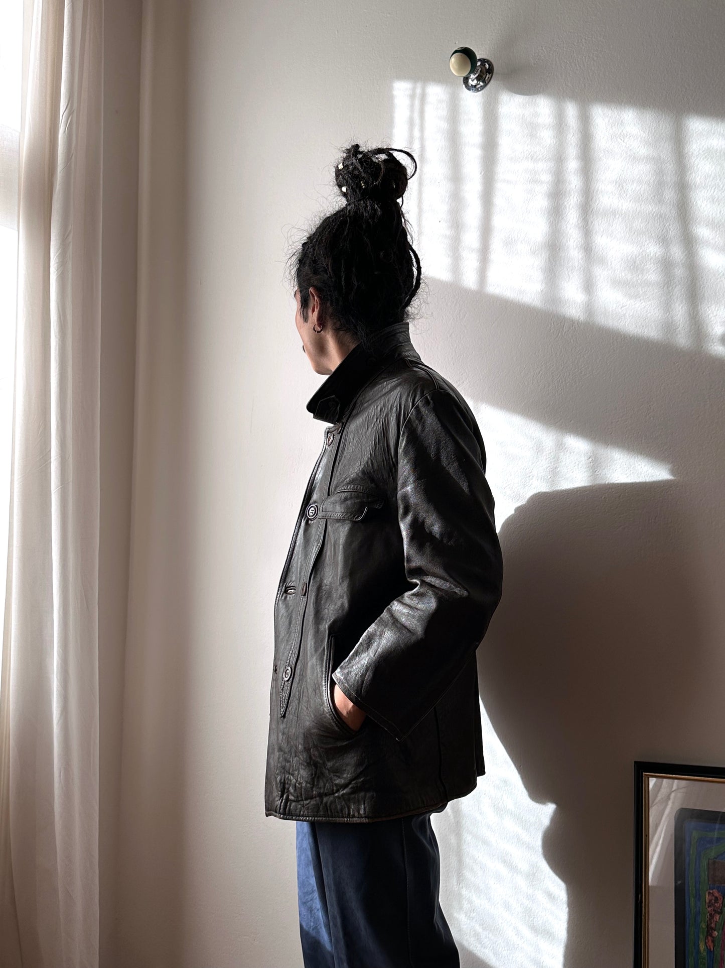 60's Le Corbusier French Leather work jacket  double breasted  ダブル レザー Vintage ヴィンテージ Toto Vintage clothing store Praha Prague Antique shop アンティークショップ 古着屋 プラハ フレンチ ワークジャケット ユーロワーク 