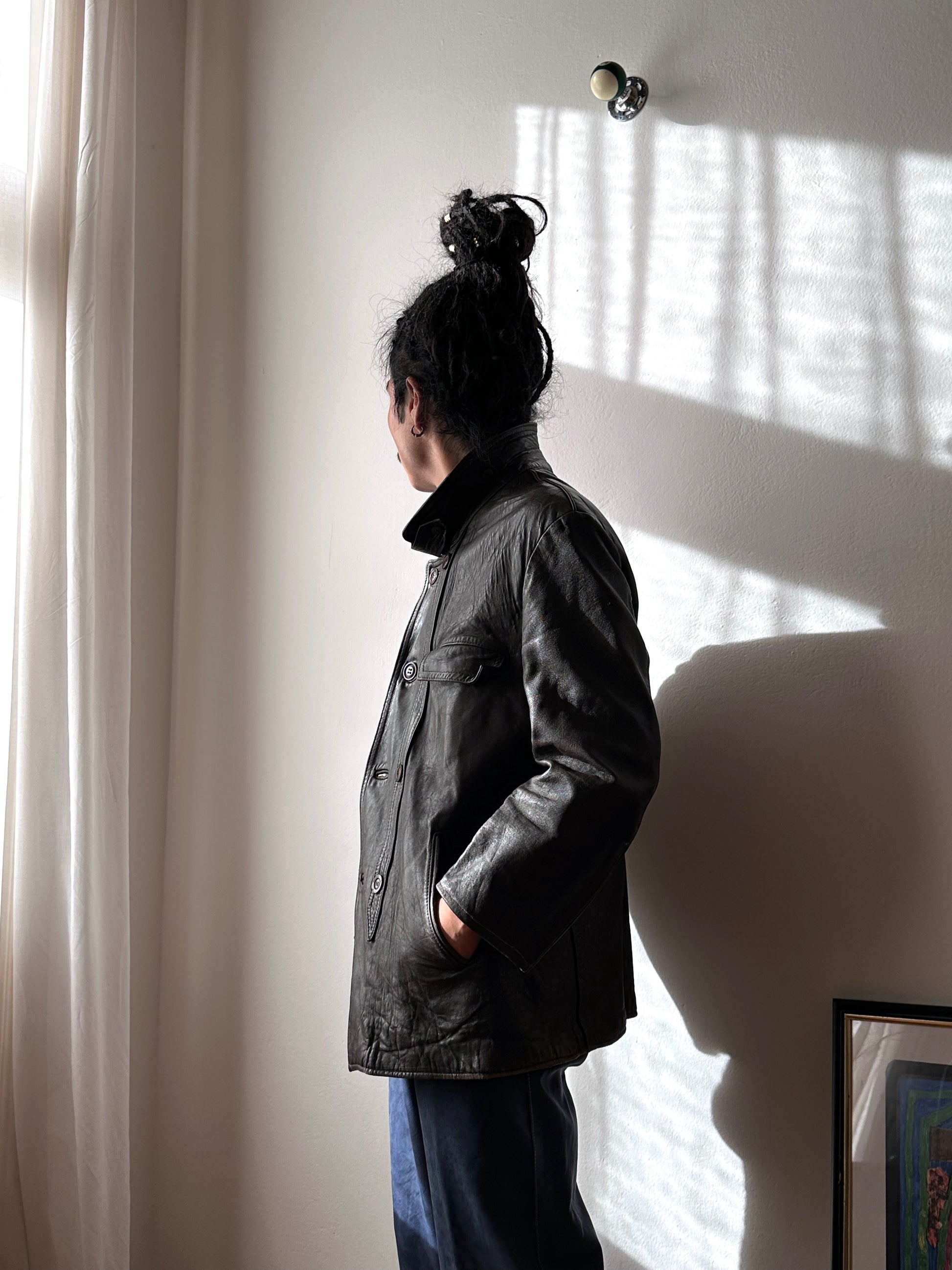 60's Le Corbusier French Leather work jacket  double breasted  ダブル レザー Vintage ヴィンテージ Toto Vintage clothing store Praha Prague Antique shop アンティークショップ 古着屋 プラハ フレンチ ワークジャケット ユーロワーク 