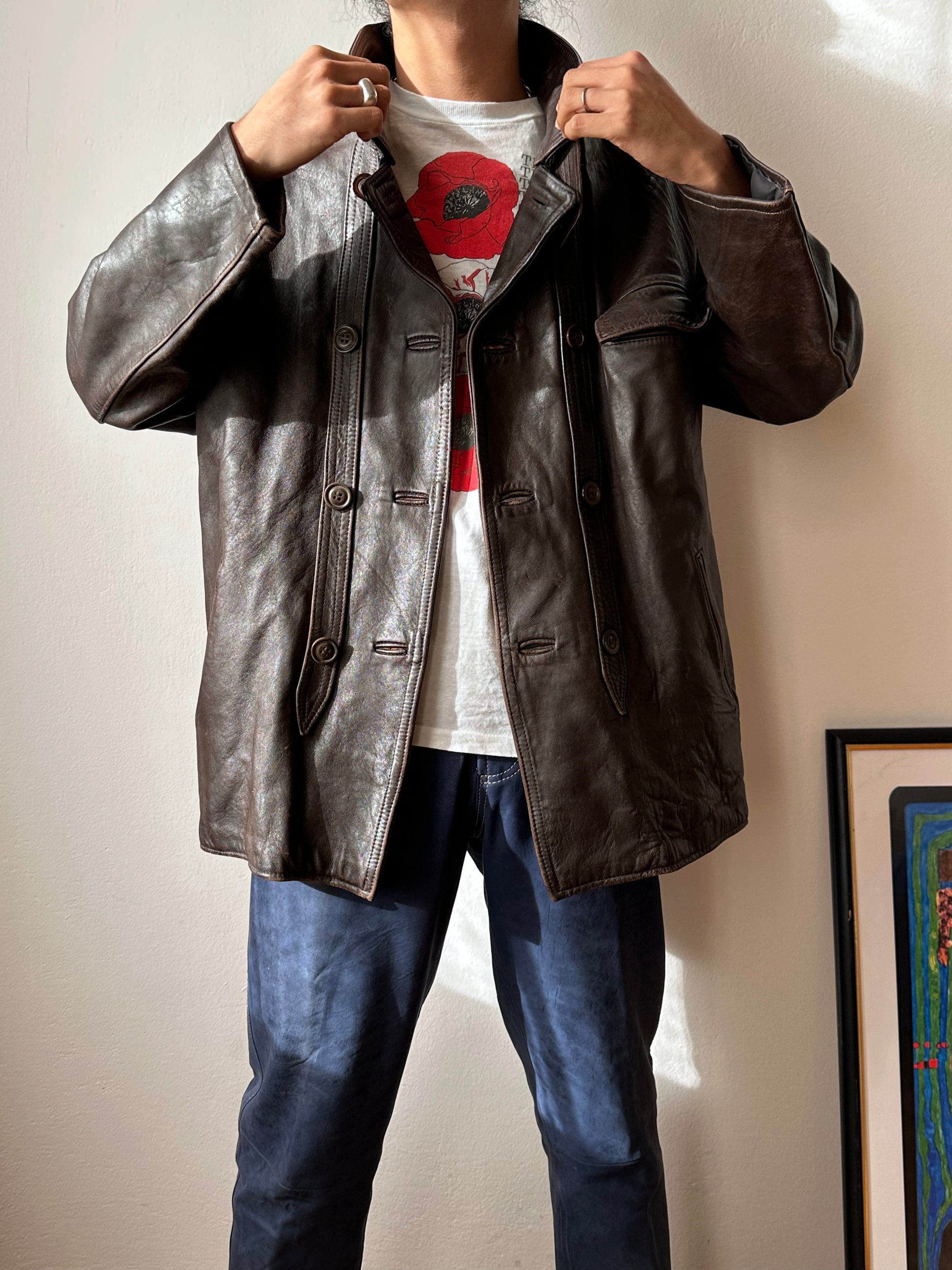 60's Le Corbusier French Leather work jacket  double breasted  ダブル レザー Vintage ヴィンテージ Toto Vintage clothing store Praha Prague Antique shop アンティークショップ 古着屋 プラハ フレンチ ワークジャケット ユーロワーク 