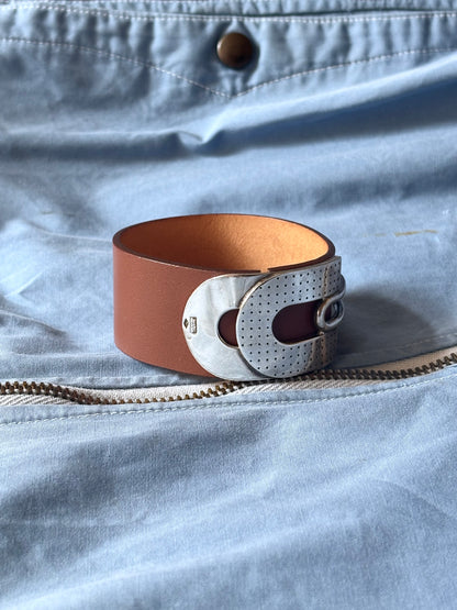 Marc Deloche Paris vintage sterling silver 925 buckle leather belt bangle bracelet cuff armband France French シルバーバングル レザーバングル ヴィンテージシルバーバングル シルバージュエリー ヴィンテージシルバージュエリー Prague antique shop 古着屋 アンティークショップ TOTO