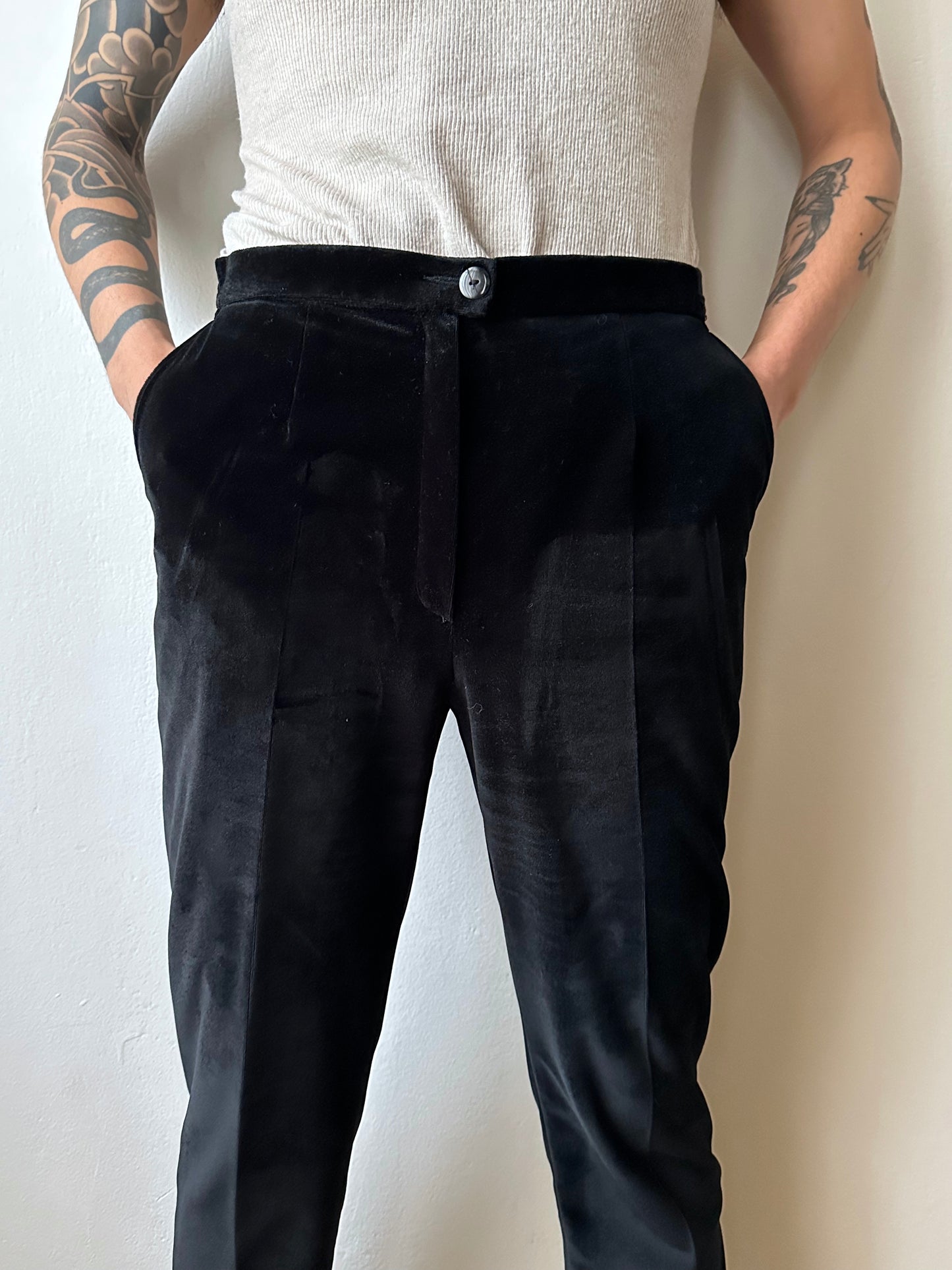 1990s French Black faux velour trousers - w29
