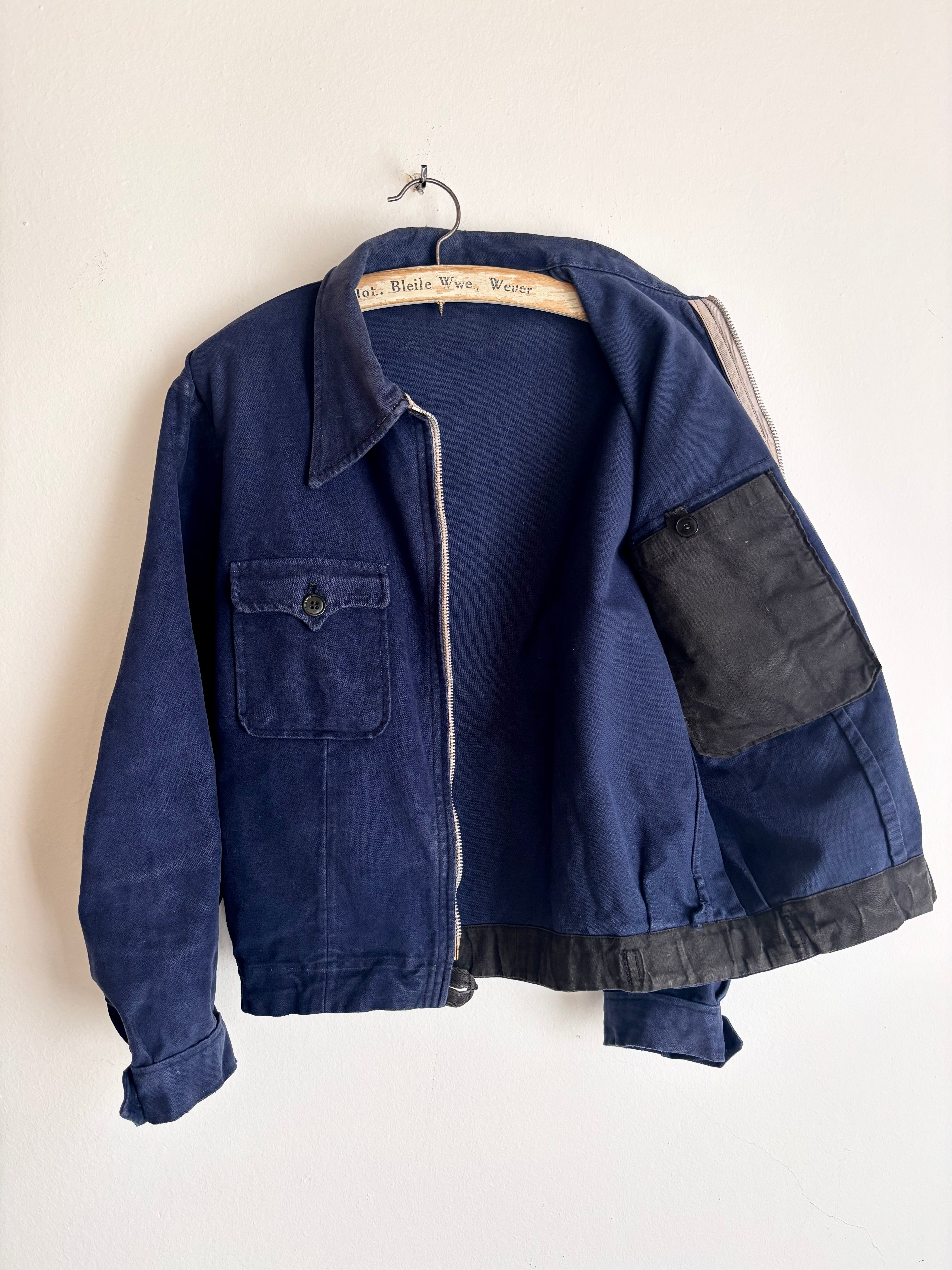 値下げ1950s フレンチモールスキン サイクリスト　ジャケット 40's】French Vintage Blue Moleskin Cyclist Jacket 
