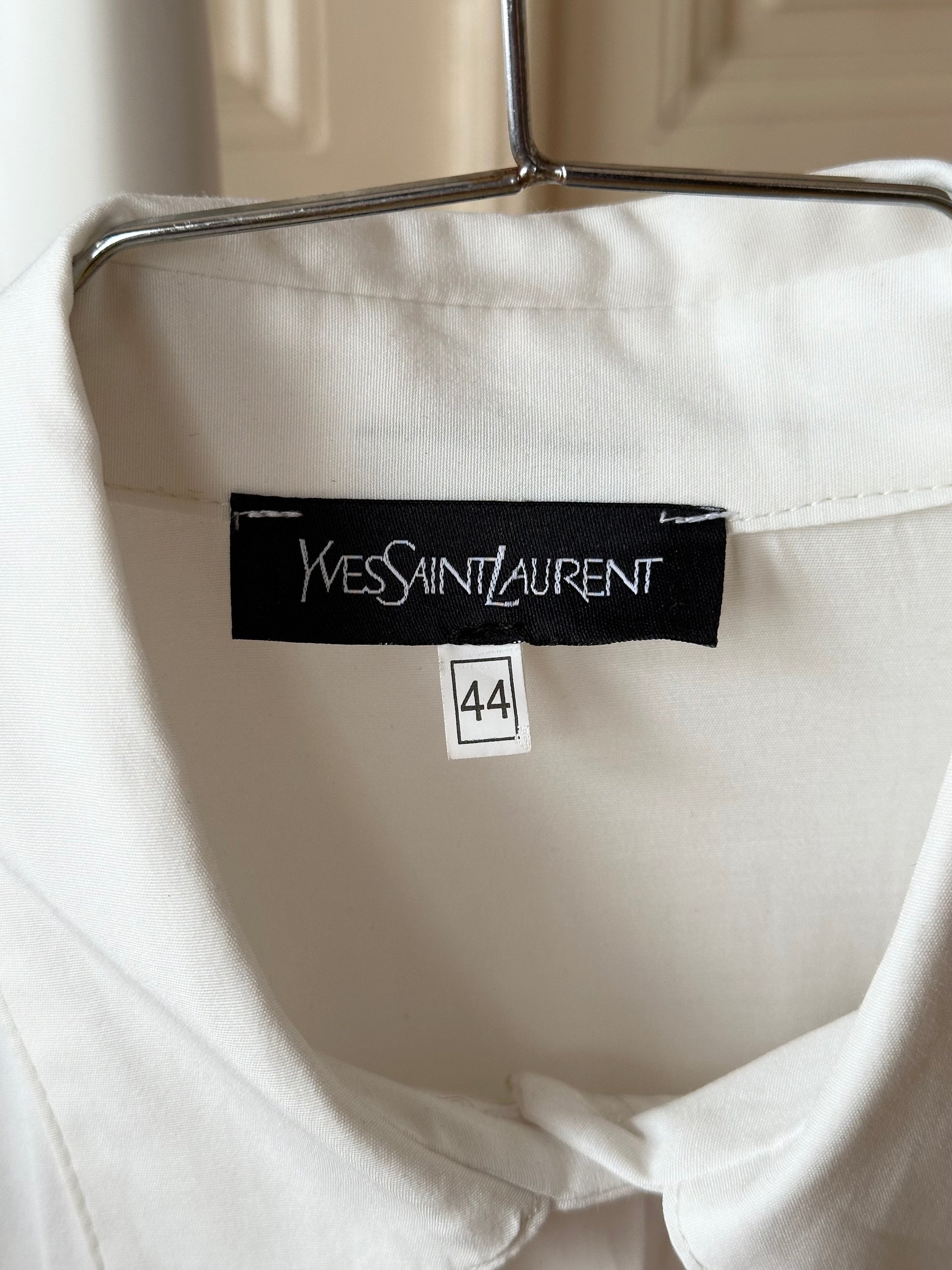 Yves Saint Lauren YSL white shirt 1980s vintage 80s rayon polyester gathered sleeve long length サンローラン ヴィンテージ シャツ 白シャツ カッターシャツ 古着 古着屋 プラハ TOTO