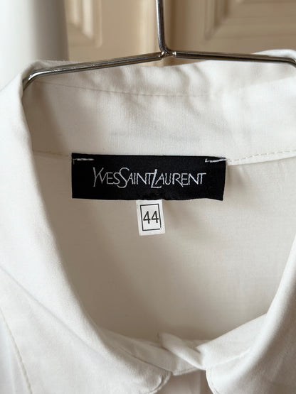 Yves Saint Lauren YSL white shirt 1980s vintage 80s rayon polyester gathered sleeve long length サンローラン ヴィンテージ シャツ 白シャツ カッターシャツ 古着 古着屋 プラハ TOTO