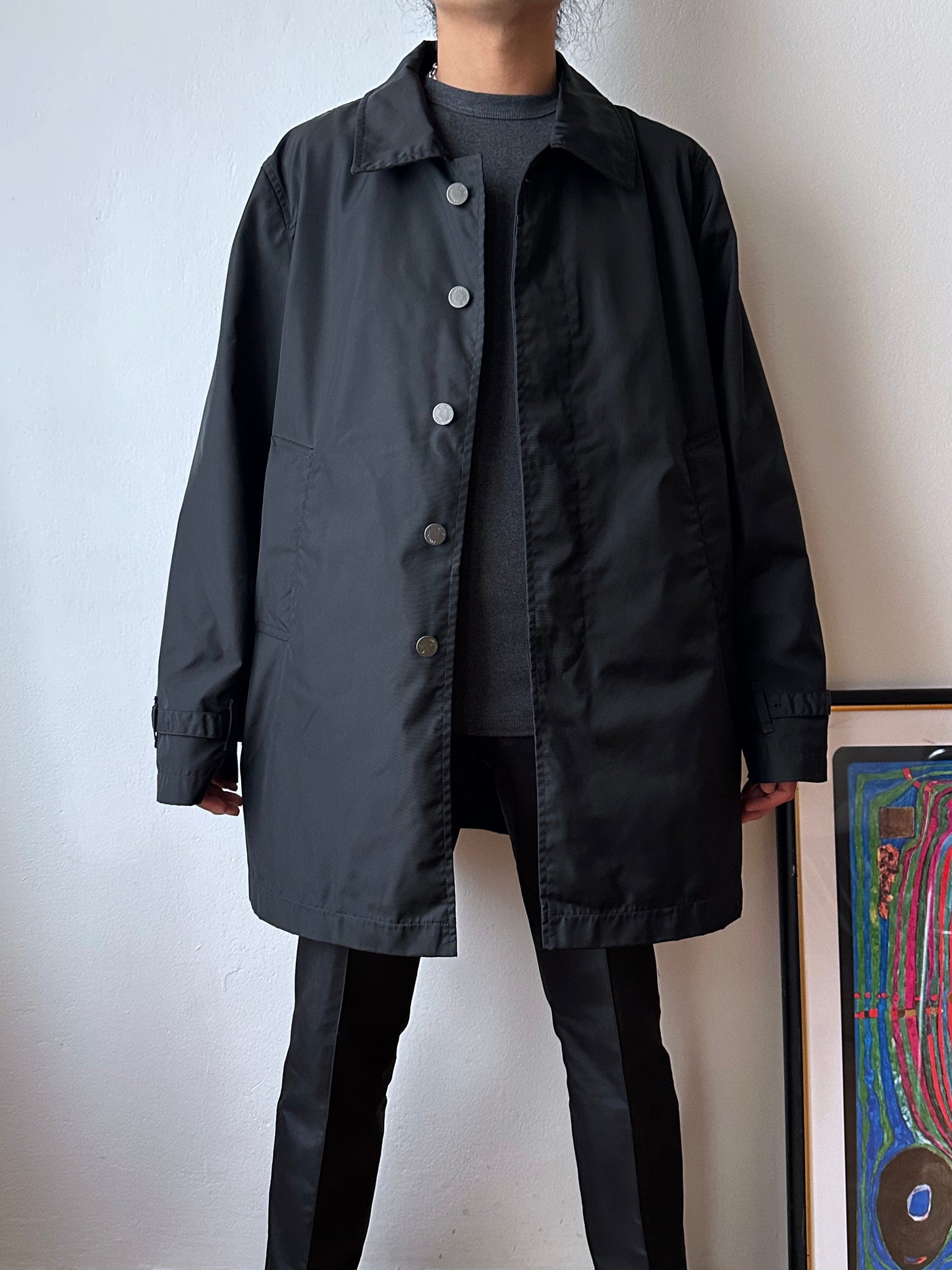 CP Company  Vintage Massimo Osti マッシモオスティ Black Nylon coat ナイロン 黒 Made in Rumania ヴィンテージ イタリア古着  Rare レア Toto Praha Vintage clothing store Antique shop Prague 古着屋 アンティークショップ プラハ ユーロ古着  ヨーロッパ古着 古着卸 コート