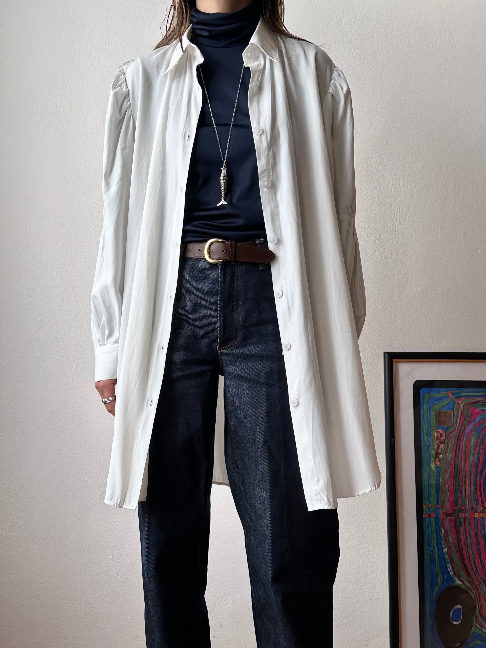 Yves Saint Lauren YSL white shirt 1980s vintage 80s rayon polyester gathered sleeve long length サンローラン ヴィンテージ シャツ 白シャツ カッターシャツ 古着 古着屋 プラハ TOTO