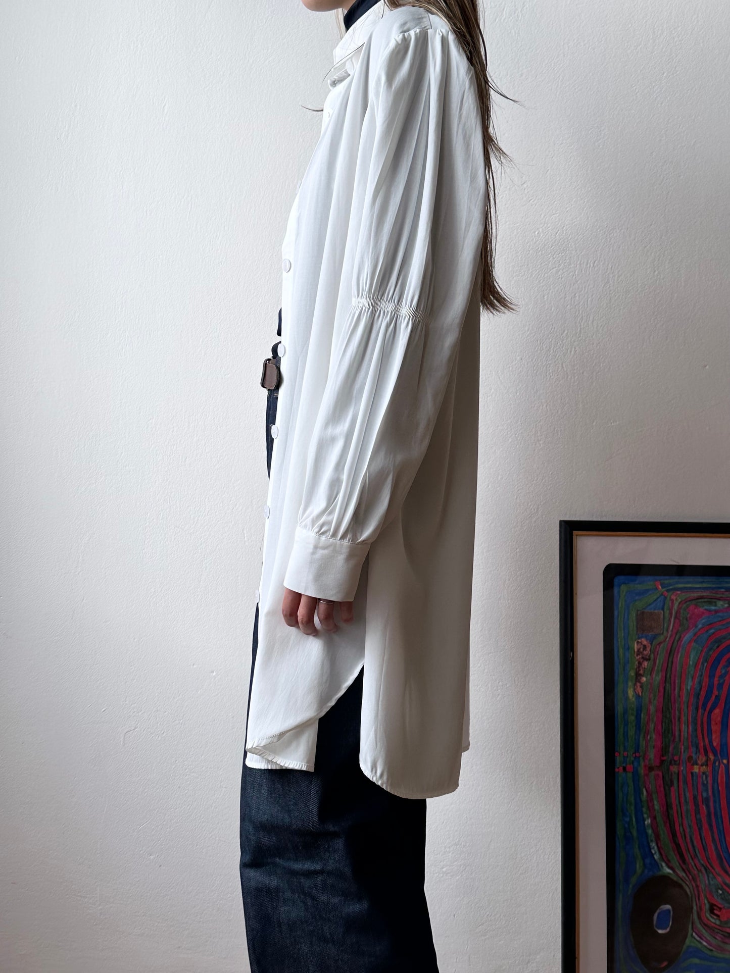 Yves Saint Lauren YSL white shirt 1980s vintage 80s rayon polyester gathered sleeve long length サンローラン ヴィンテージ シャツ 白シャツ カッターシャツ 古着 古着屋 プラハ TOTO